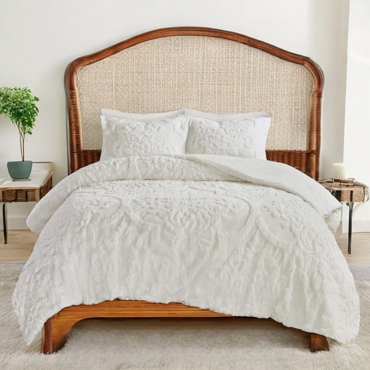 NEW Anthropologie White Queen Chenille Damask Comforter Bedding Blanket Sham Set
