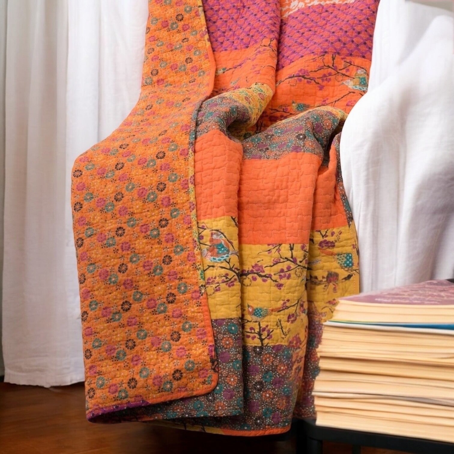 NEW Boho Orange Retro Bird Floral Throw Blanket Bedspread Bedding Quilt 50 x 60
