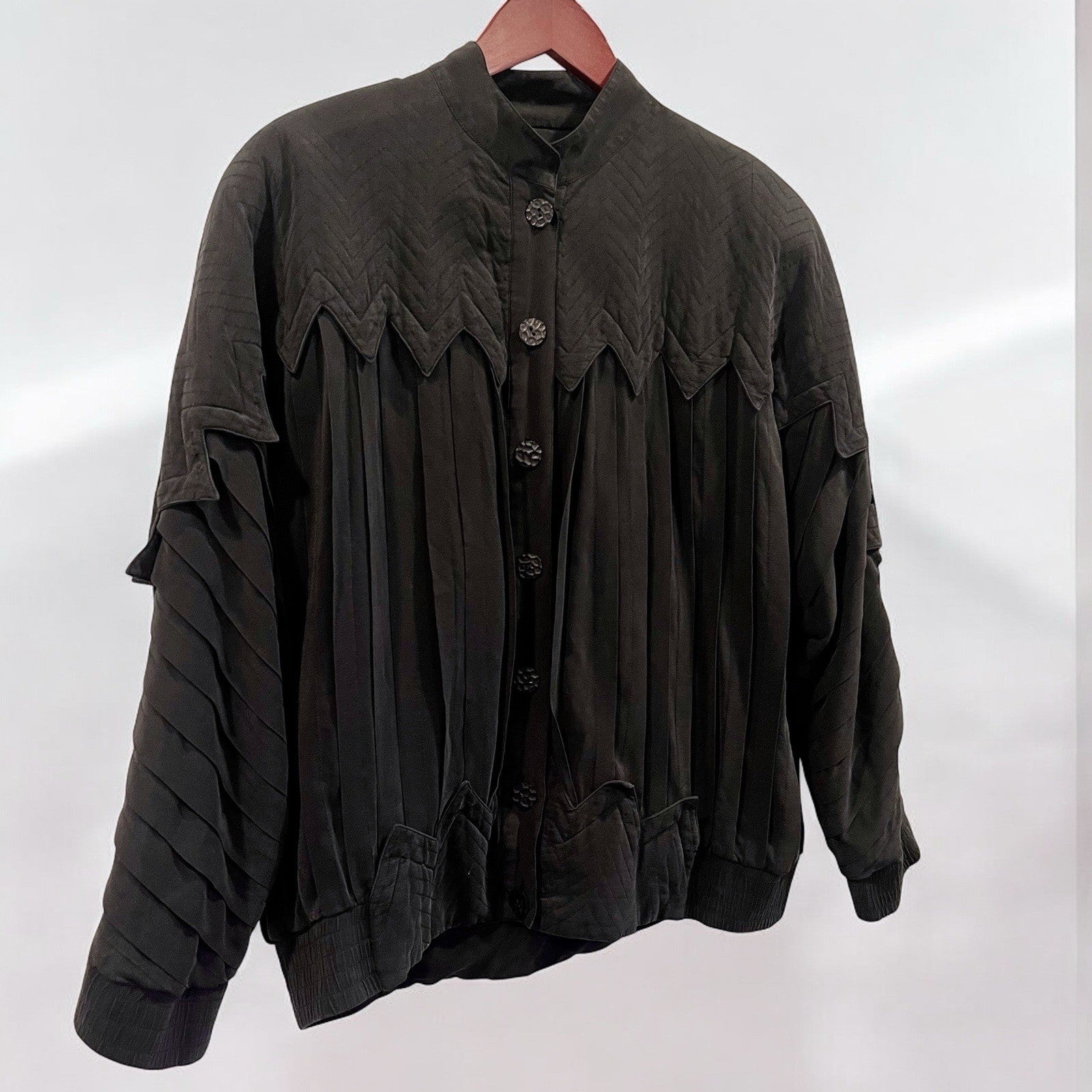 Vintage Black Perlita Pleated Silk Triangle Embroidered Bomber Jacket Coat Large