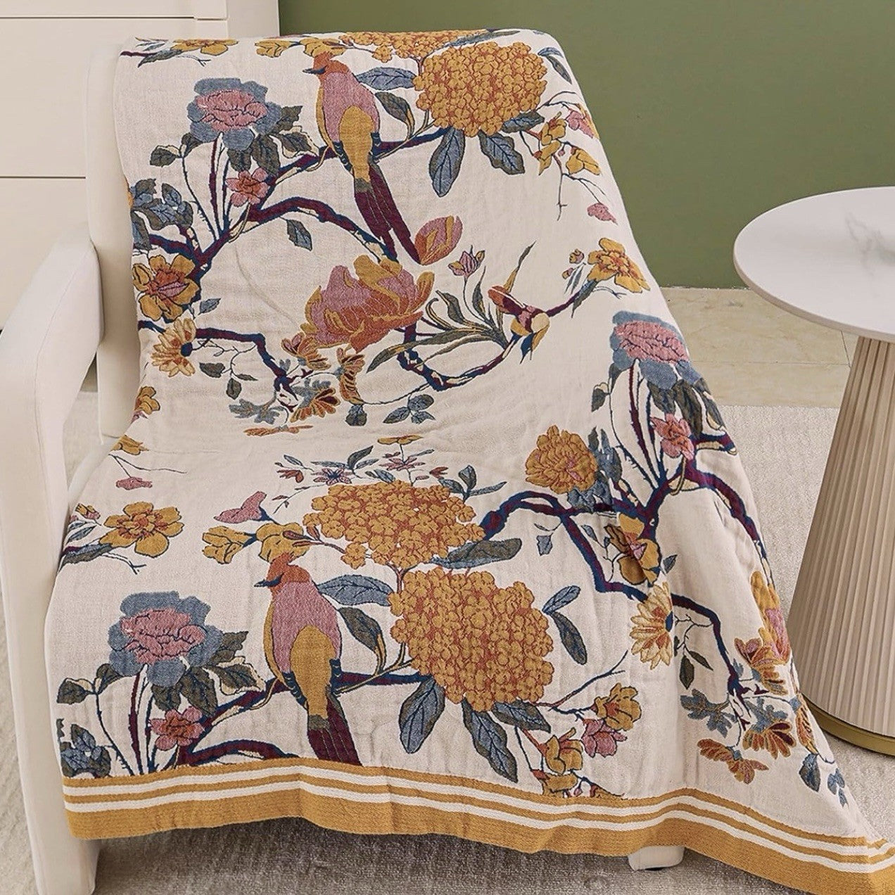 NEW Anthro XL Boho Bird Orange Floral Throw Blanket Bedspread Quilt 80" x 90"