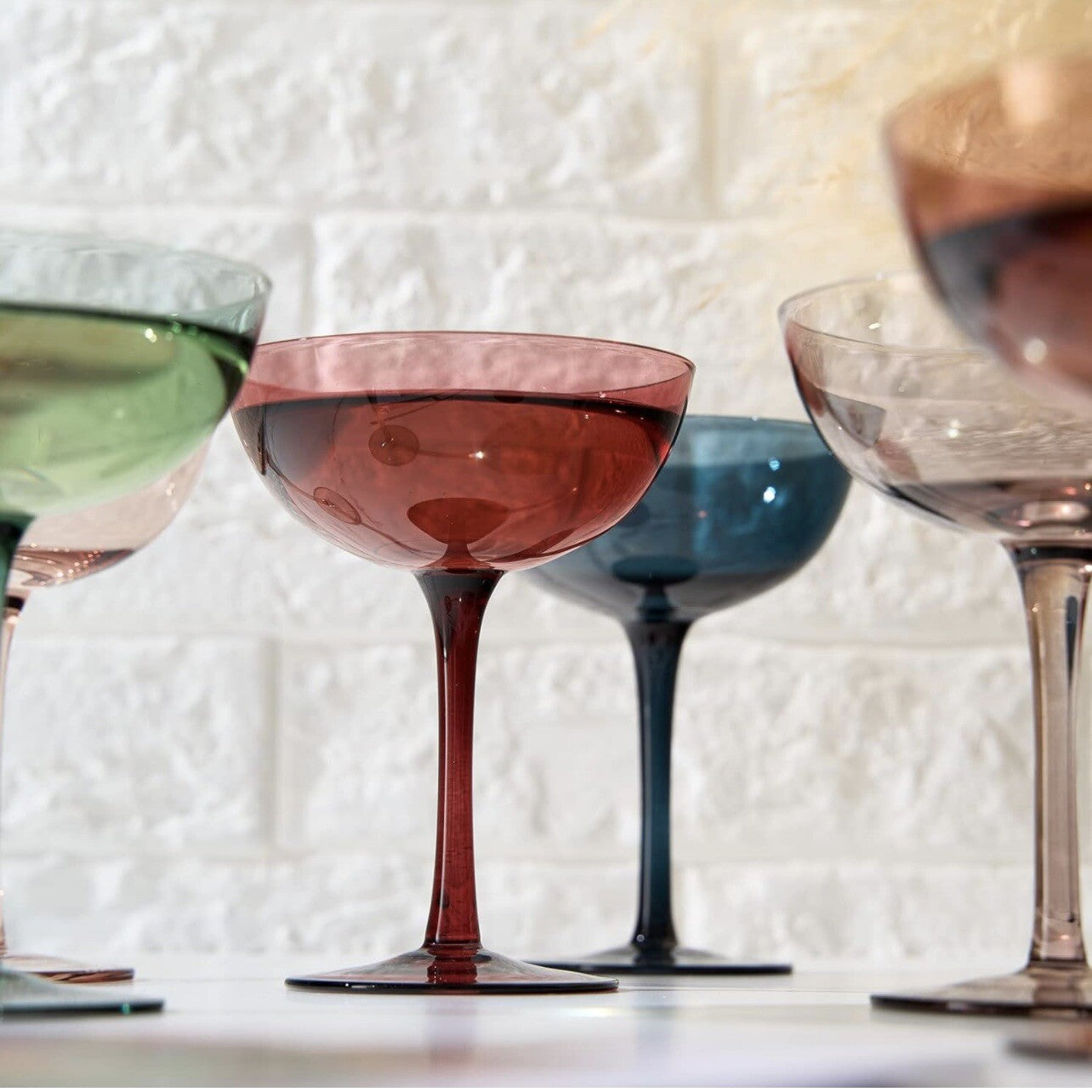 NEW West Elm (Set of 6) Colorful Stemmed Crystal Champagne Coupe Glass Bar Set