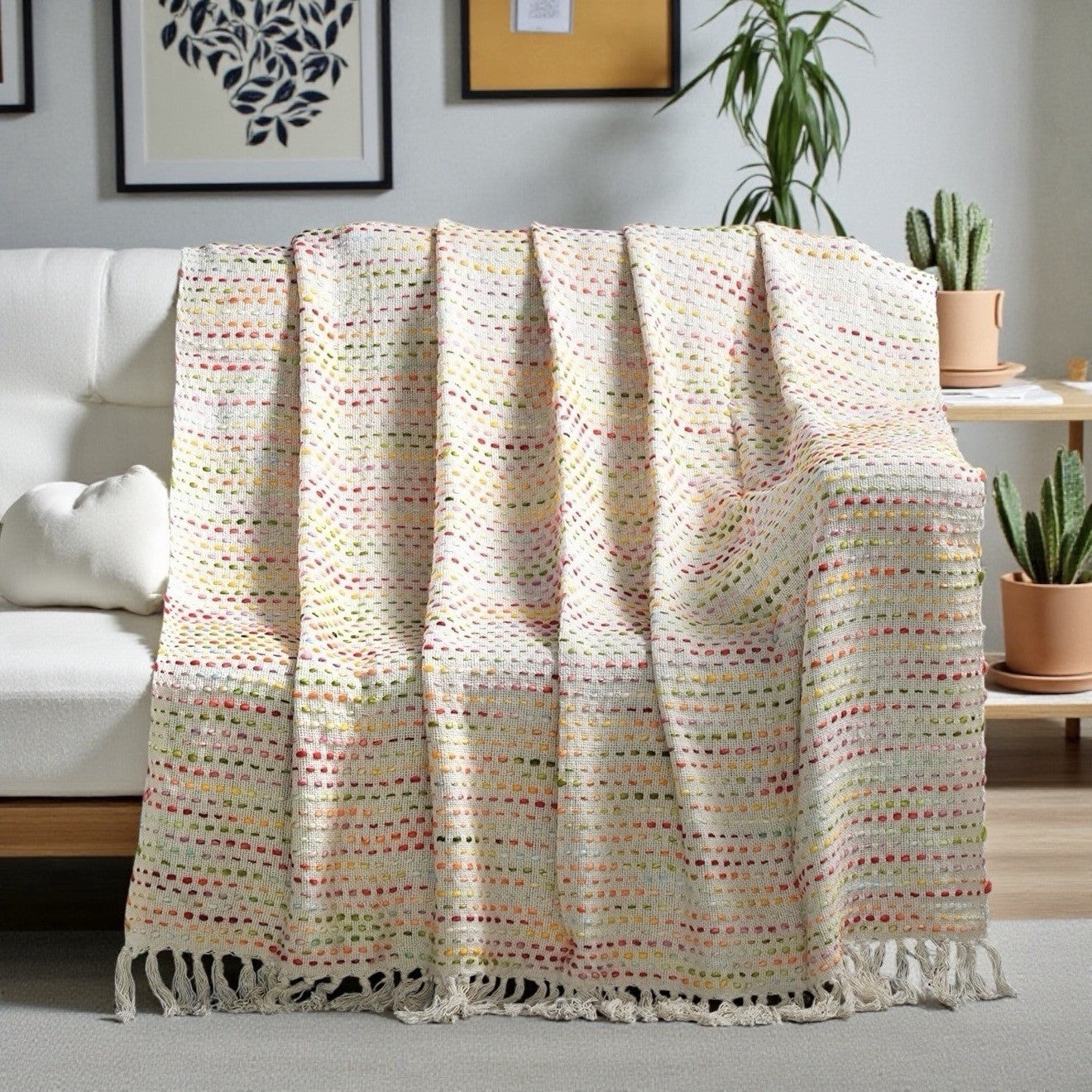 NEW Anthro Beige Rainbow Woven Knit Cotton Boho Tassel Throw Blanket - 50 x 70