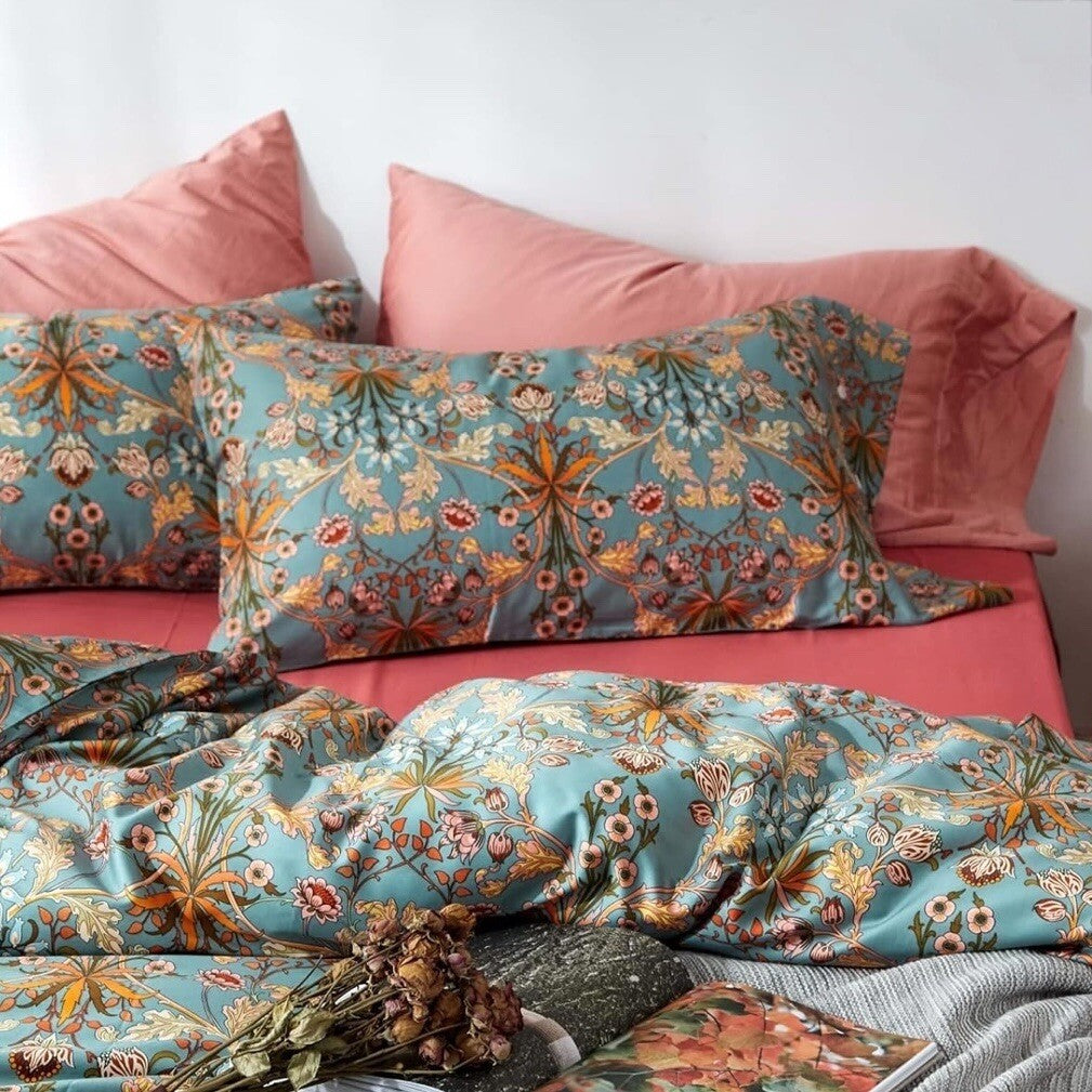 NEW Anthropologie Teal Orange Boho King Size Bedding Duvet Floral Sham Case Set