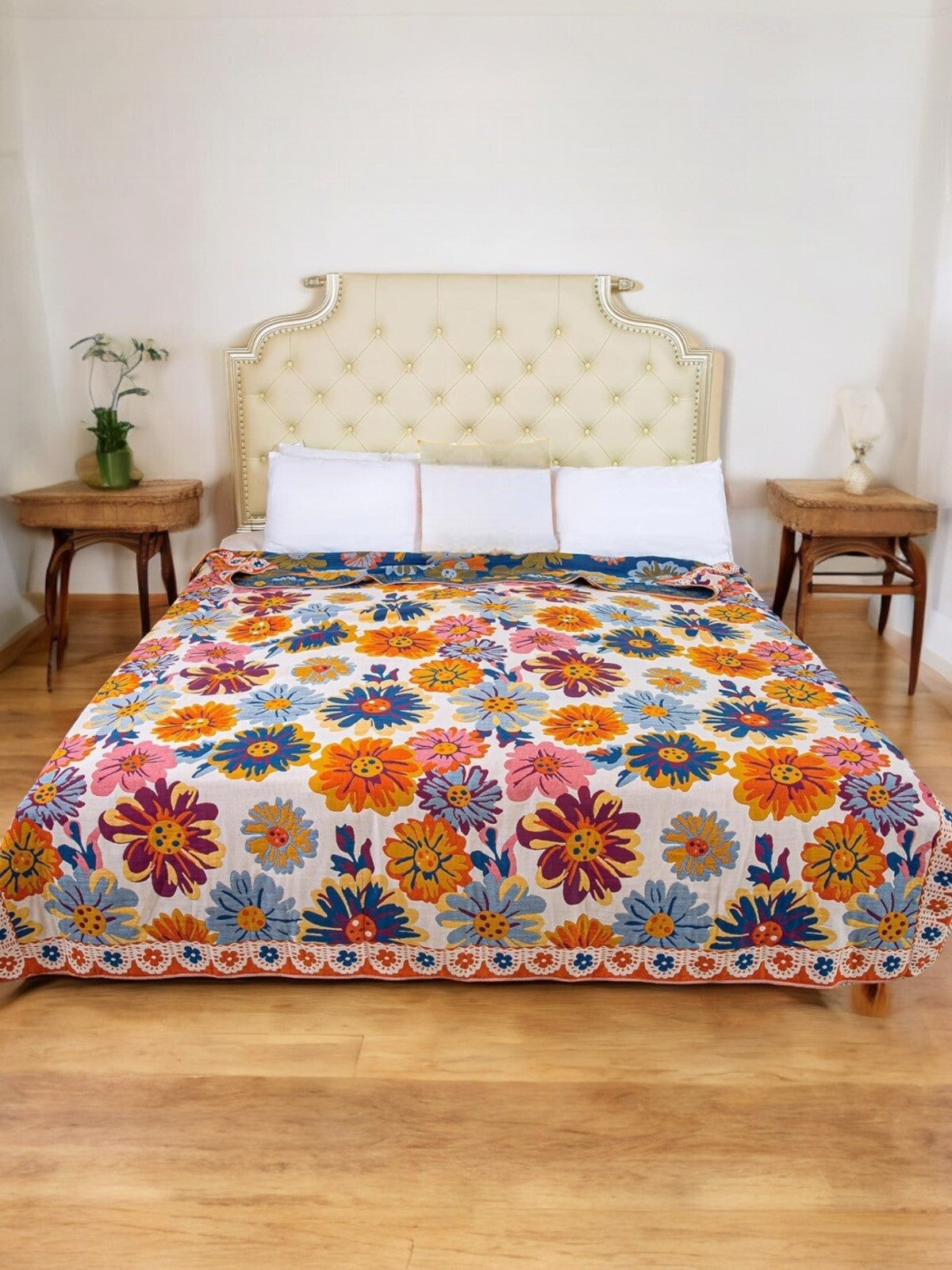 NEW Anthropologie XL Boho Floral Reversible Blanket Bedspread Quilt - 80" x 92"