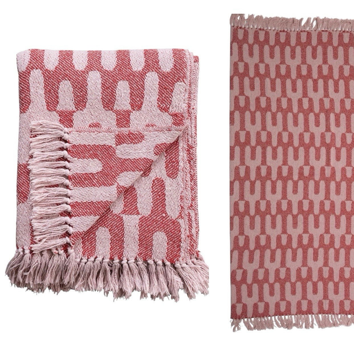 NEW Anthropologie Pink Abstract Cotton Boho Tassel Fringe Throw Blanket 50 x 60