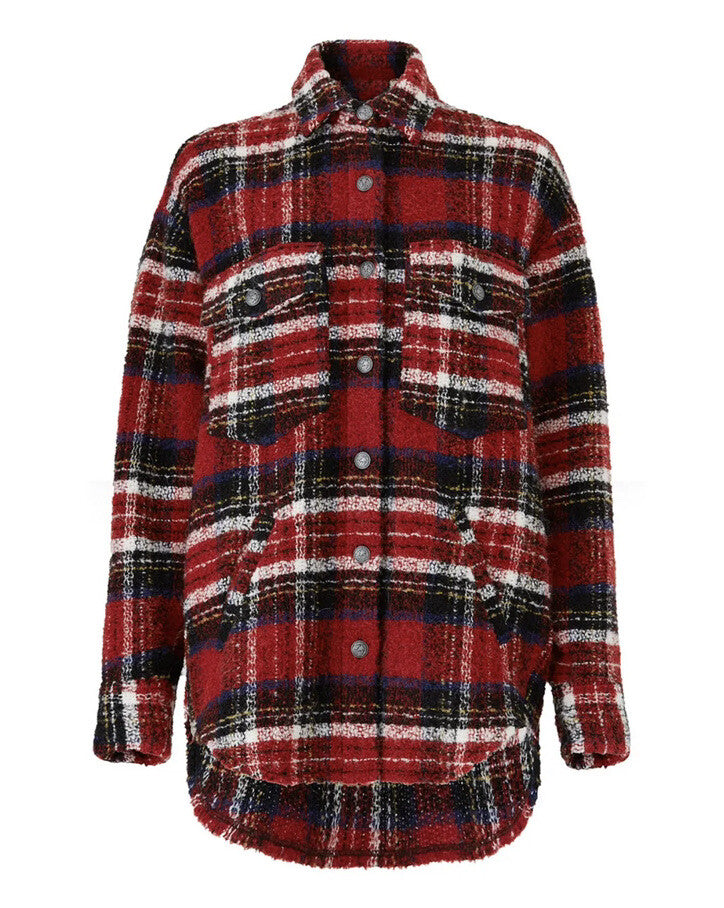 Anthro / The Kooples Red Tweed Plaid Shirt Coat Trucker Jacket Sweater Large