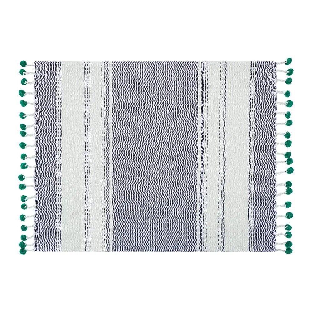 NEW Anthropologie Blue Green Pom Pom Boho Tassel Knit Throw Blanket - 50" x 60"