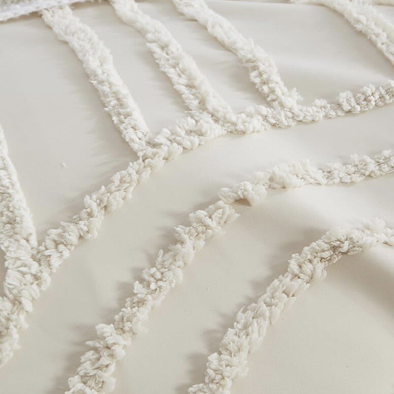 NEW Anthro Beige Boho Queen Size Tufted Abstract Bedding Comforter & Sham Set