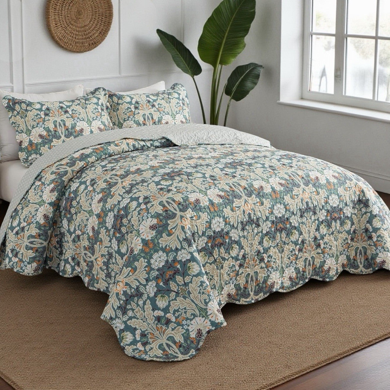 NEW Anthro Teal Floral Reversible Paisley Queen / King Bedding Quilt & Sham Set