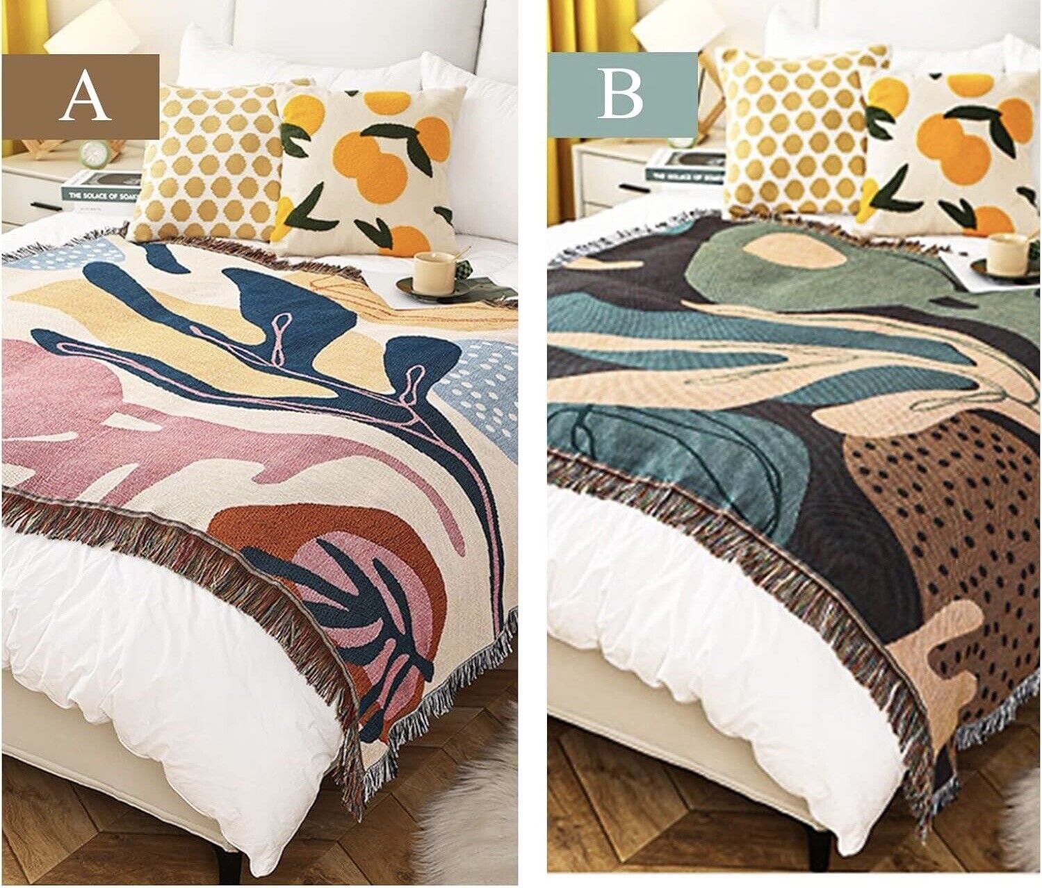 New Anthropologie Boho Abstract Tassel Throw Blanket Bedspread Quilt - 63" x 51"
