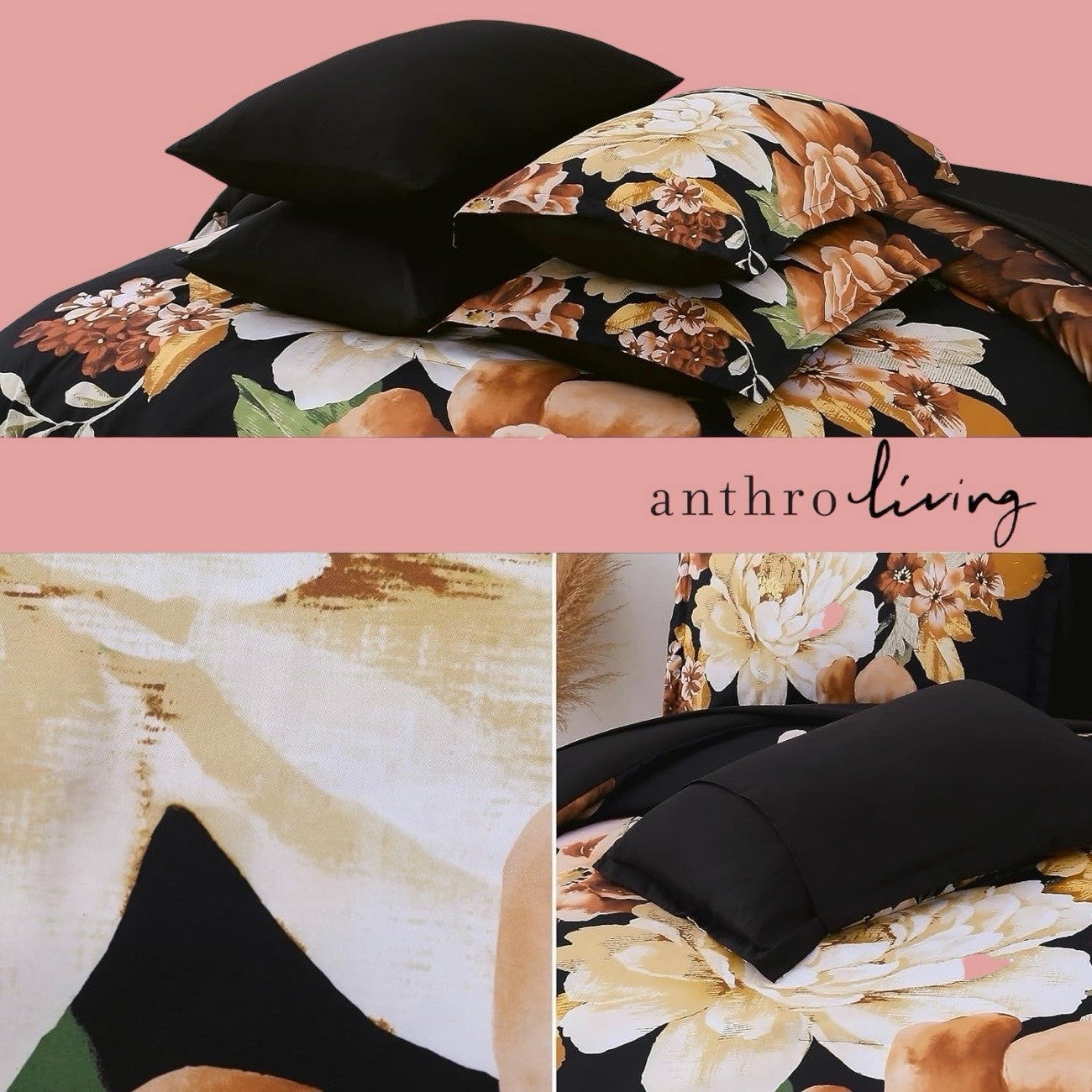NEW Anthro 7 Piece Black Floral Boho Queen / King Bedding Comforter & Sham Set
