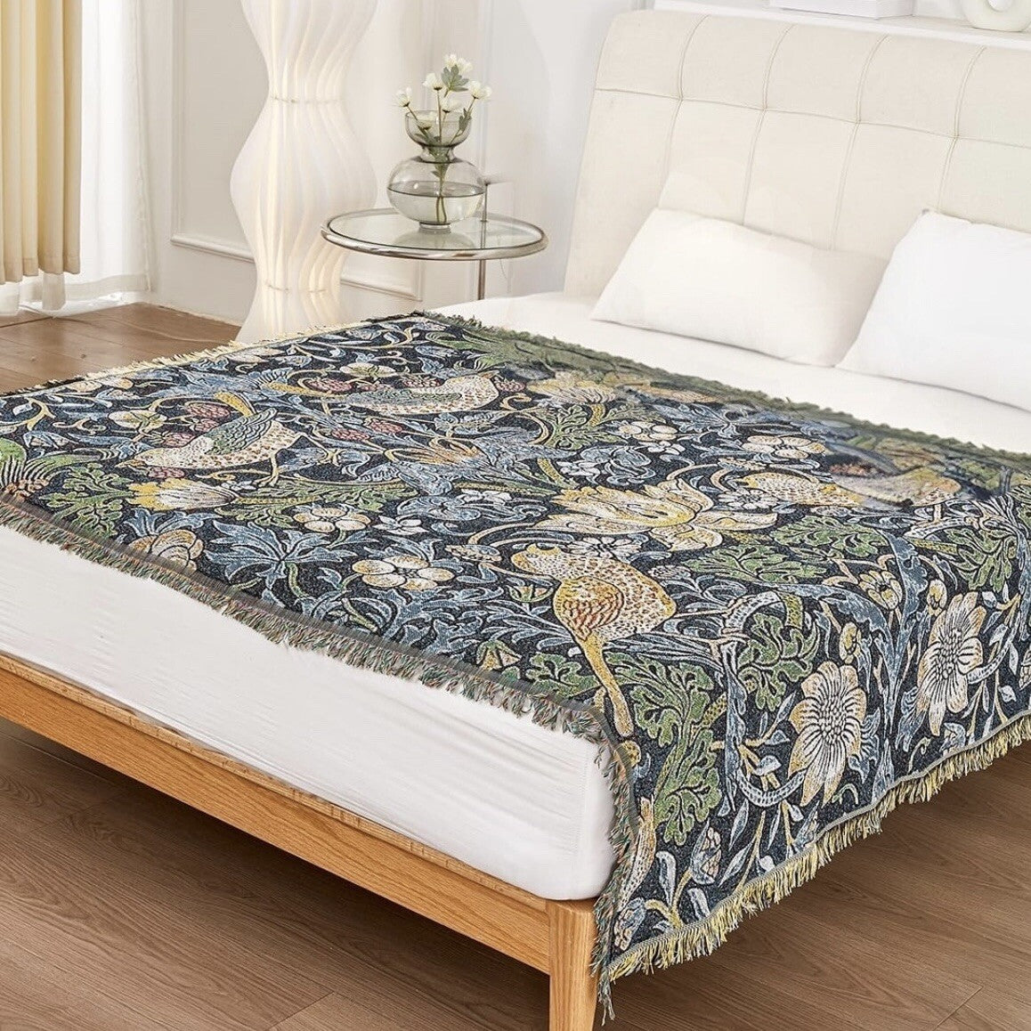NEW Anthropologie Boho Bird Blue Tassel Throw Blanket Bedspread Quilt - 50 x 70