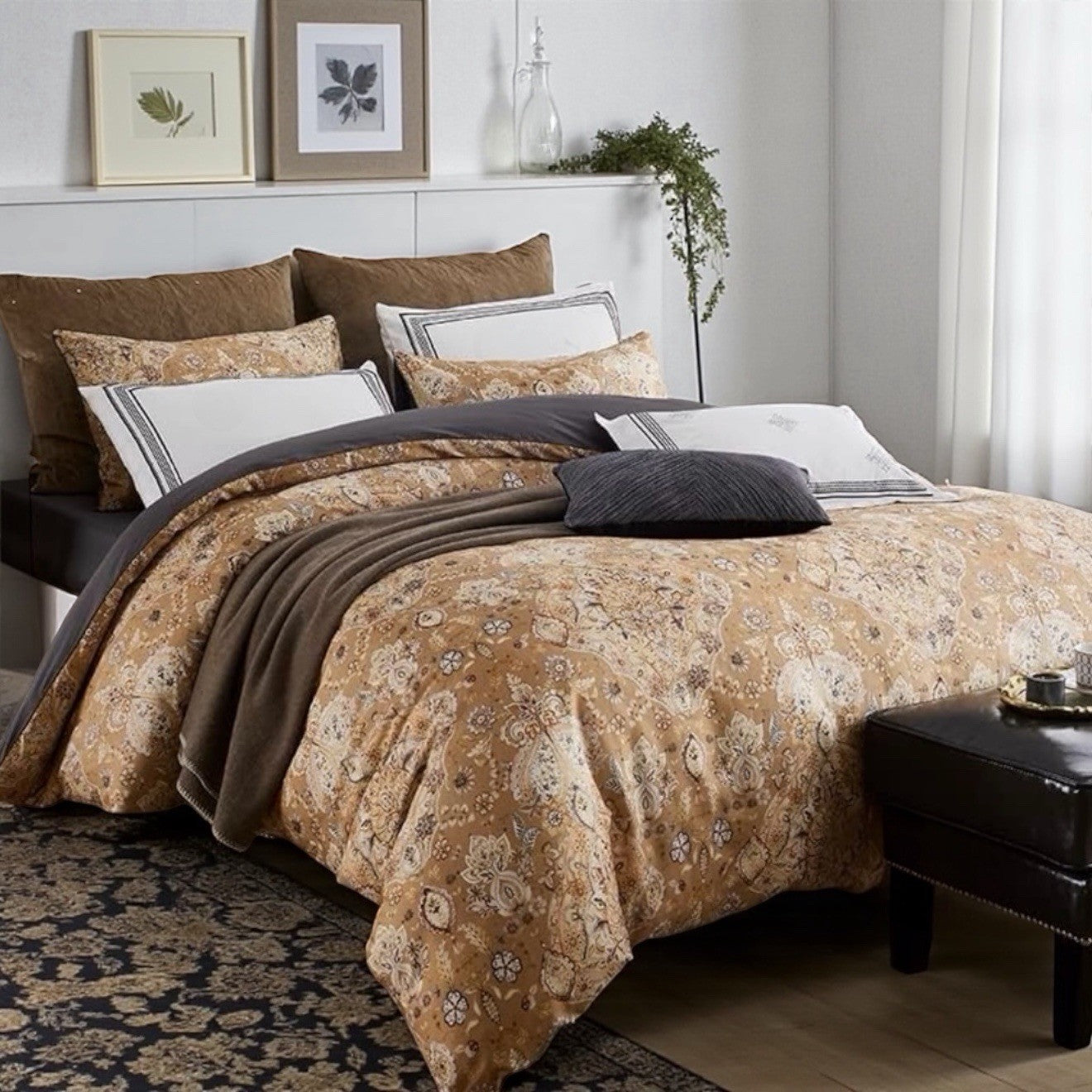 NEW West Elm Beige Floral Damask Paisley Queen / King Bedding Duvet & Sham Set