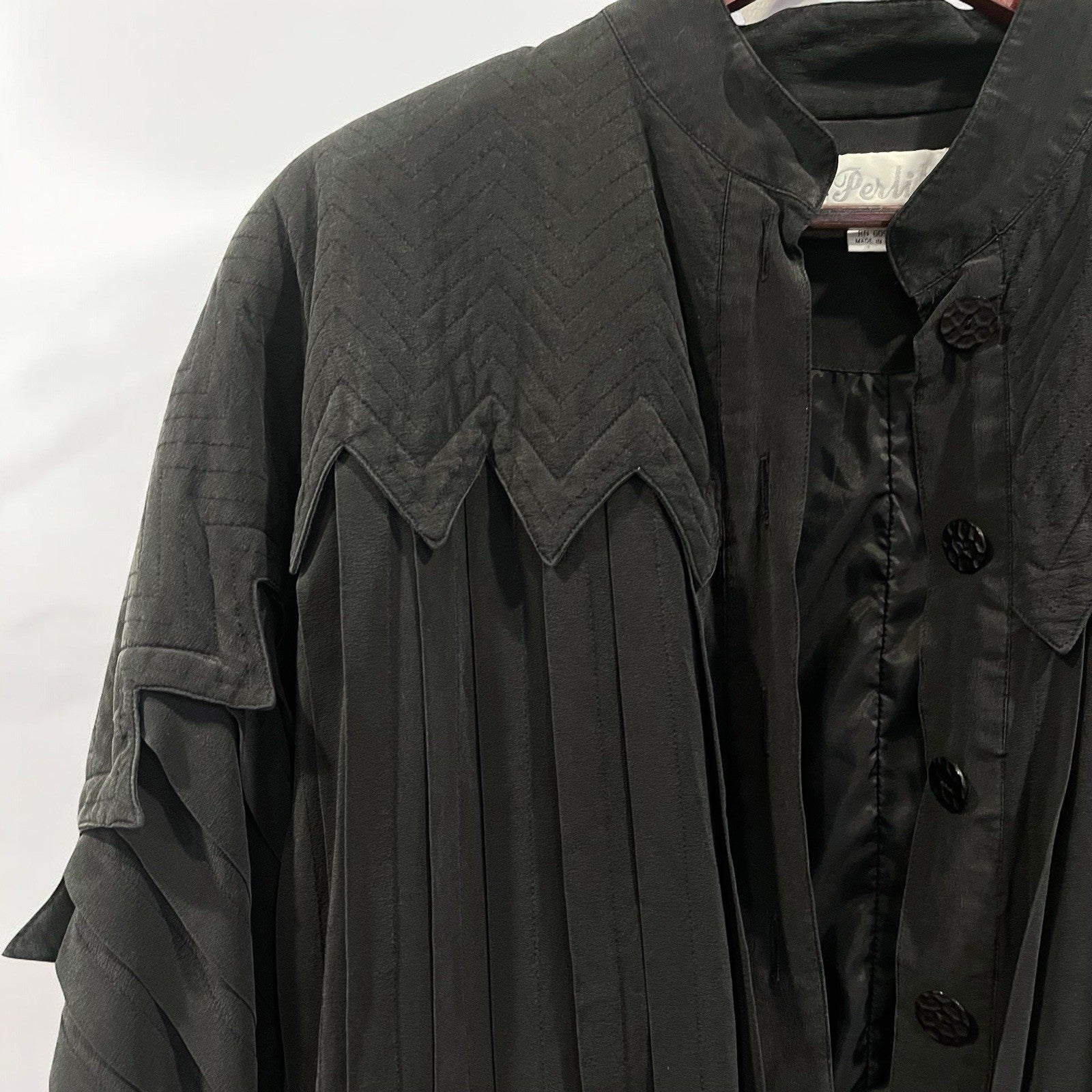 Vintage Black Perlita Pleated Silk Triangle Embroidered Bomber Jacket Coat Large