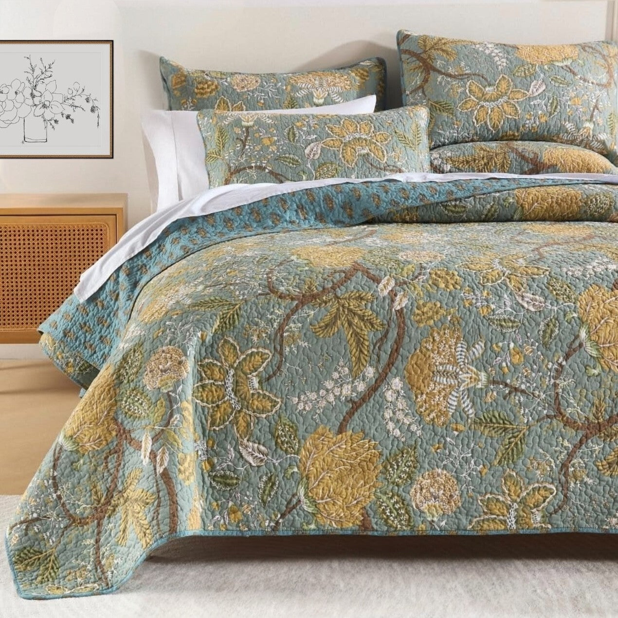 NEW Anthro Green Floral Reversible Queen / King Boho Bedding Quilt & Sham Case