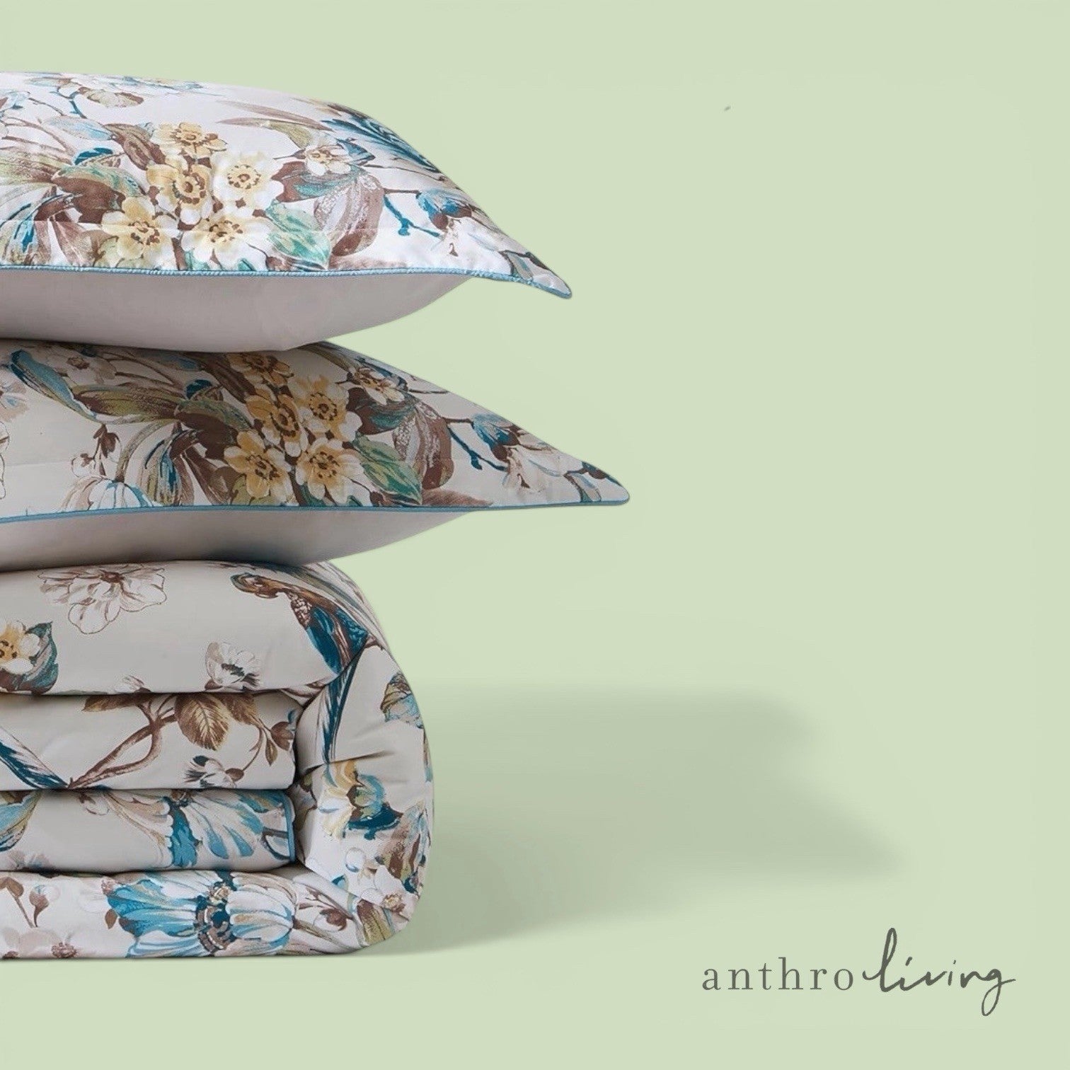 NEW Anthro White Blue Floral Bird Cotton Boho Queen King Bedding Duvet Sham Set