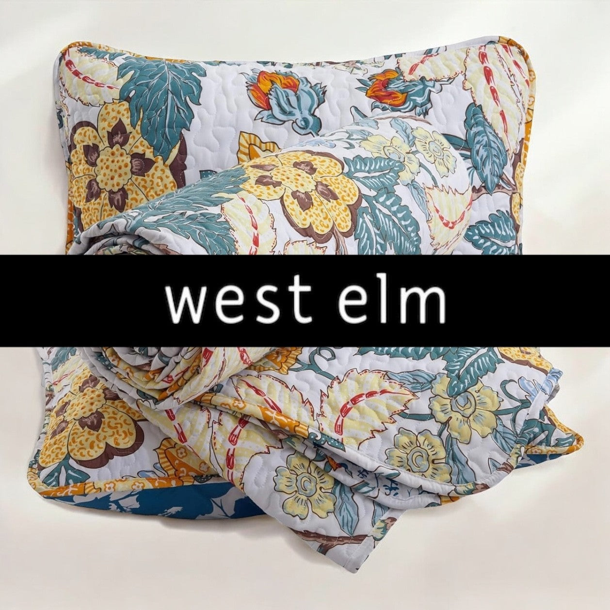 NEW West Elm Floral Reversible Queen / King Boho Bedding Quilt Coverlet Sham Set