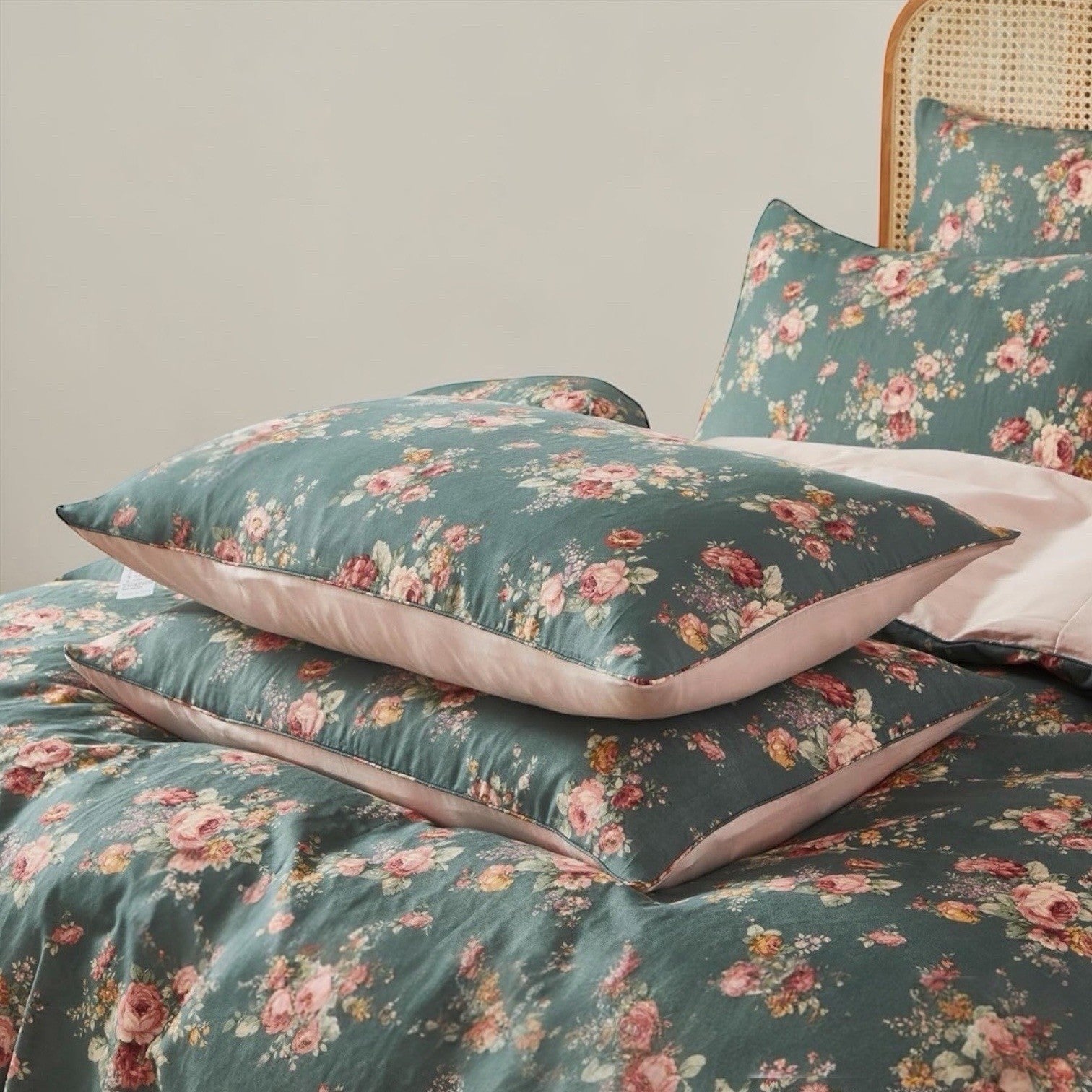 NEW Anthro Green & Pink Floral Muslin Cotton Boho Queen / King Bedding Duvet Set