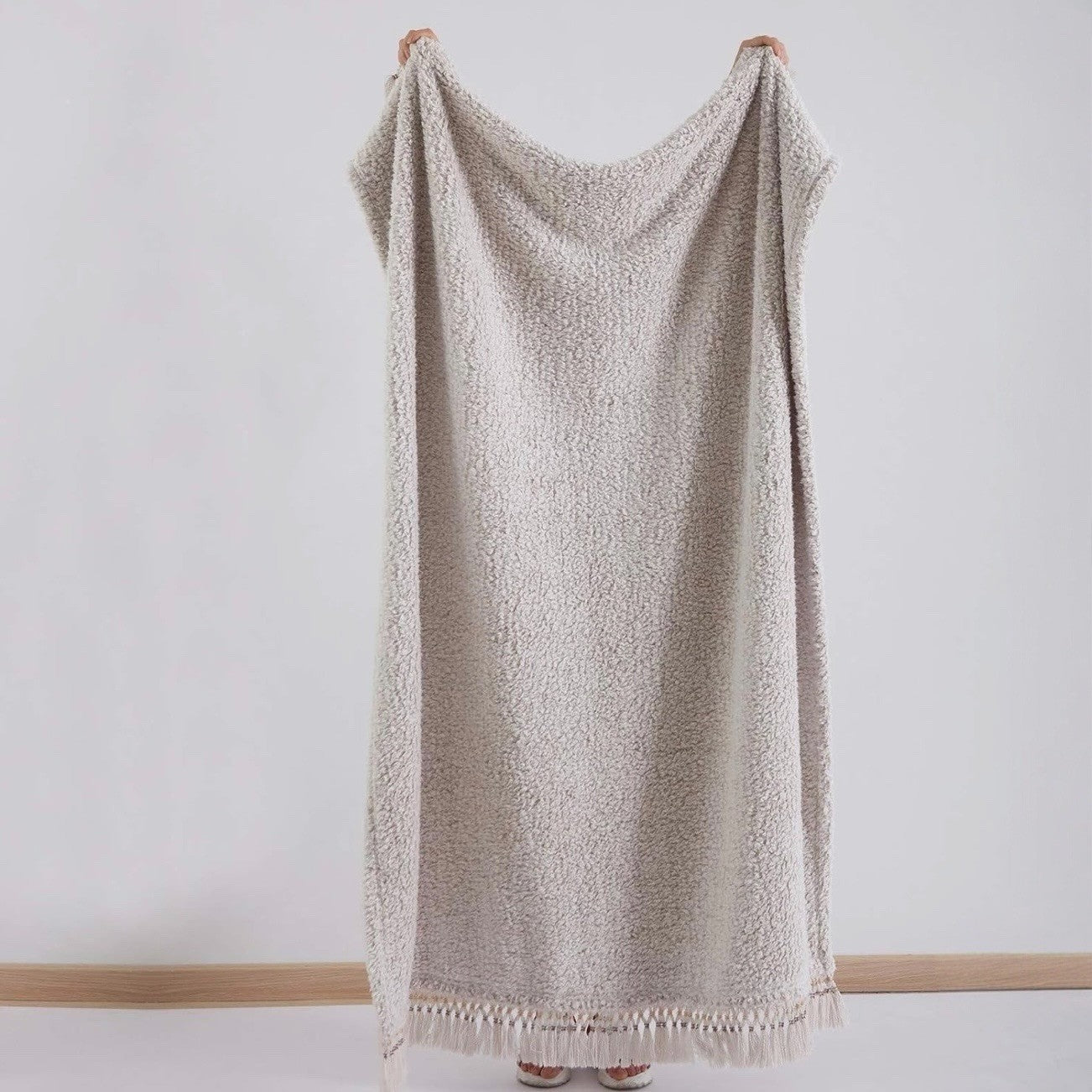 NEW West Elm Beige Sherpa Tassel Fringe Boho Cozy Knit Throw Blanket - 50" x 60"