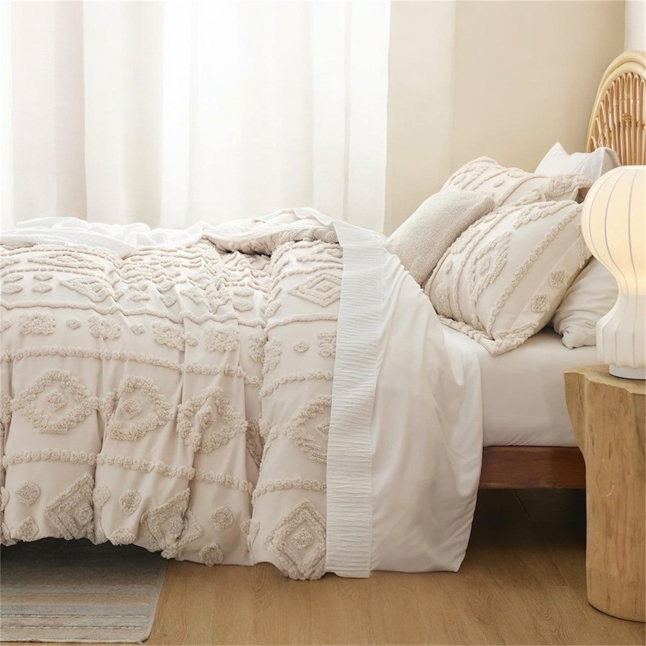 NEW Anthro Beige Cream Tufted Boho Queen / King Size Bedding Duvet & Sham Set