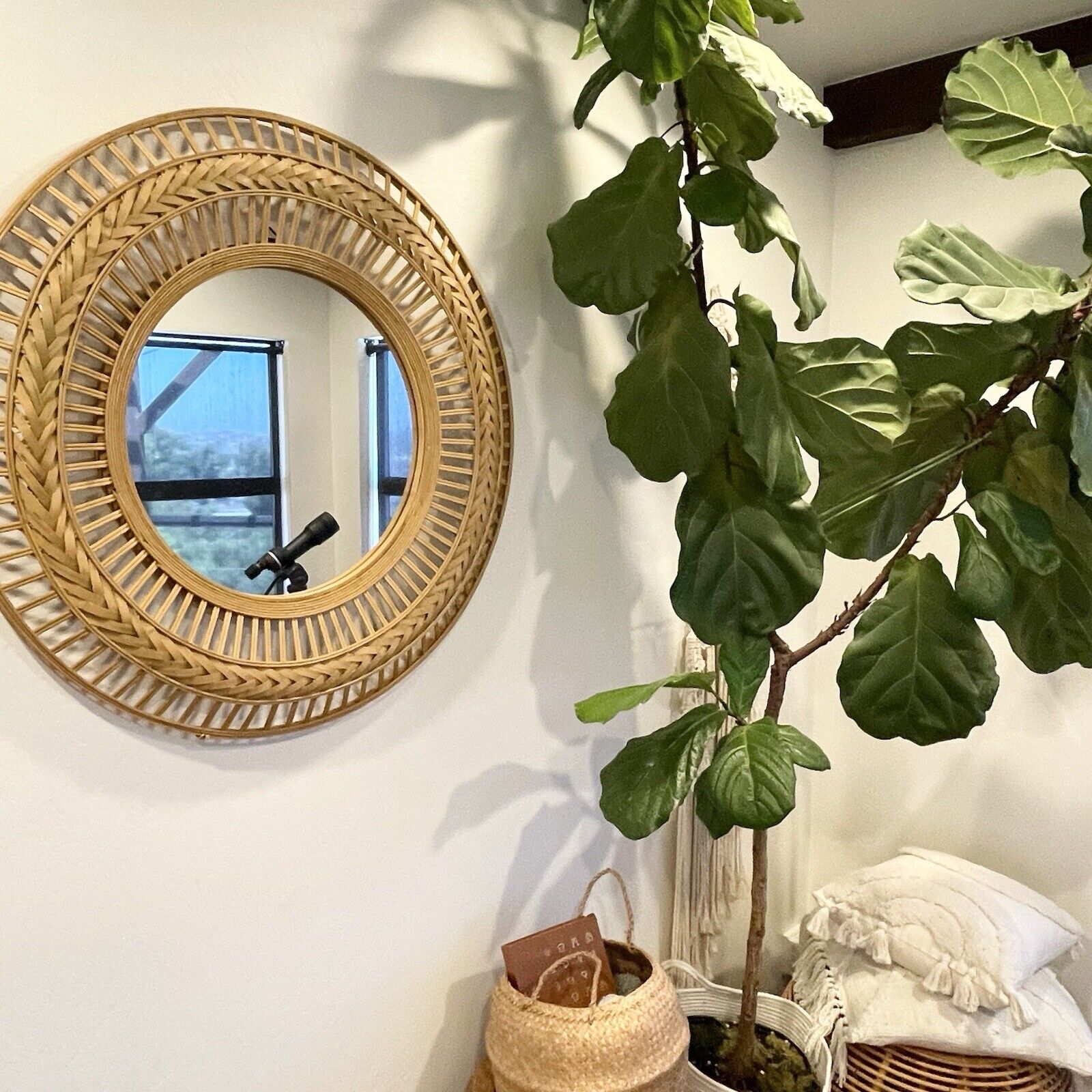 NEW West Elm Large Round Mirror Wicker Rattan Boho Wall Hanging Decor - 36” Diam