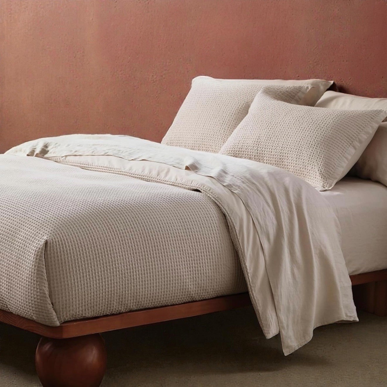 NEW West Elm Beige Waffle Weave Queen King 100% Cotton Bedding Duvet & Sham Set