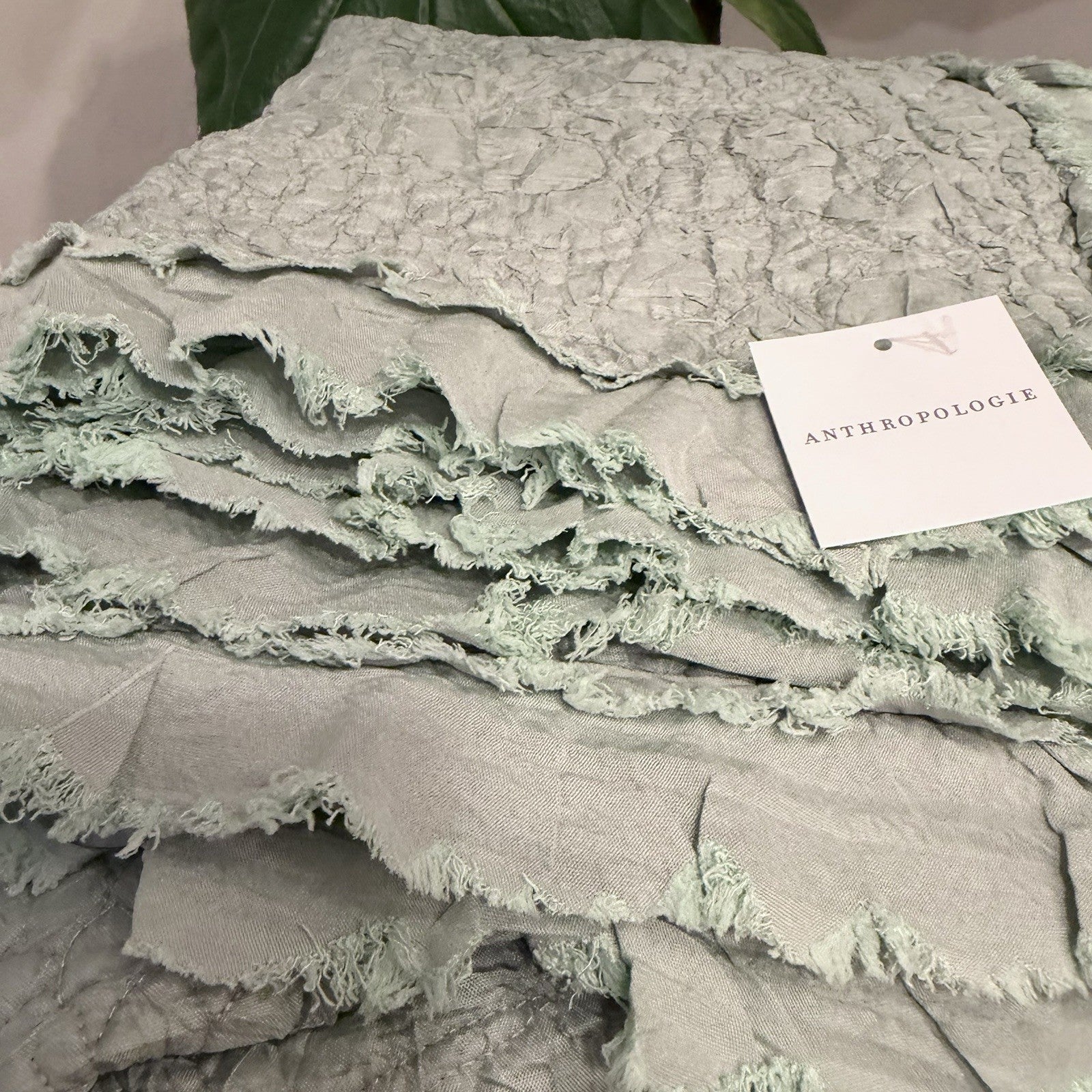 NEW Anthro Sage Green Boho Ruffle Crinkle Queen / King Bedding Quilt & Sham Set