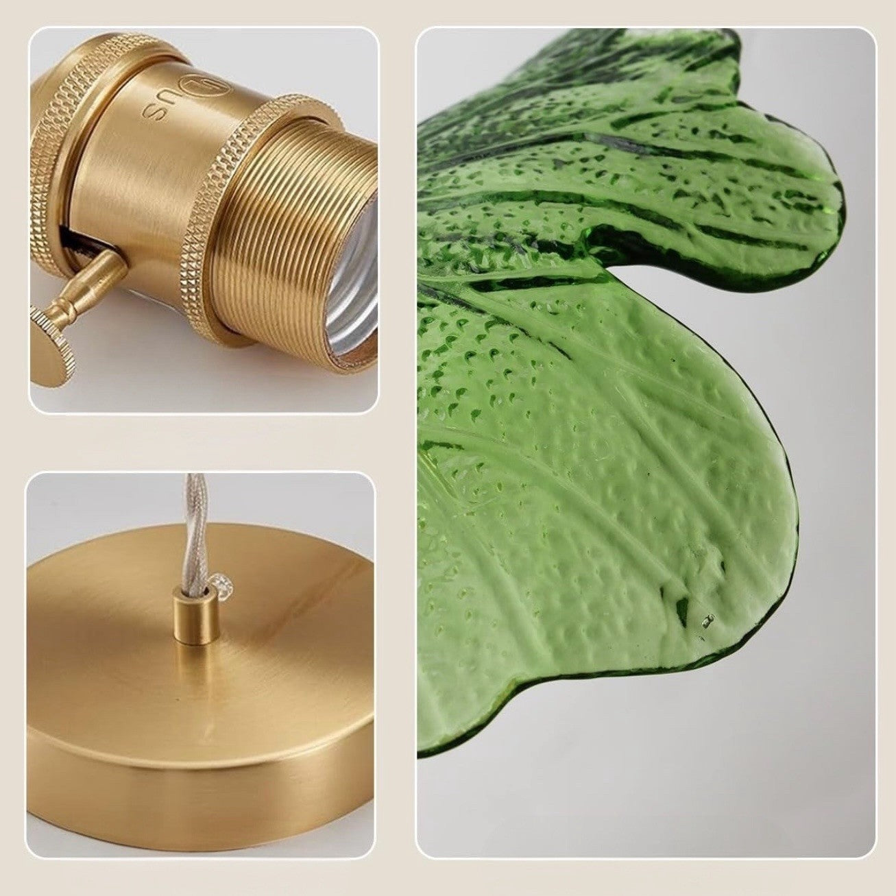 NEW Anthro Vintage Green Glass Hanging Retro Gold Floral Pendant Light Fixture