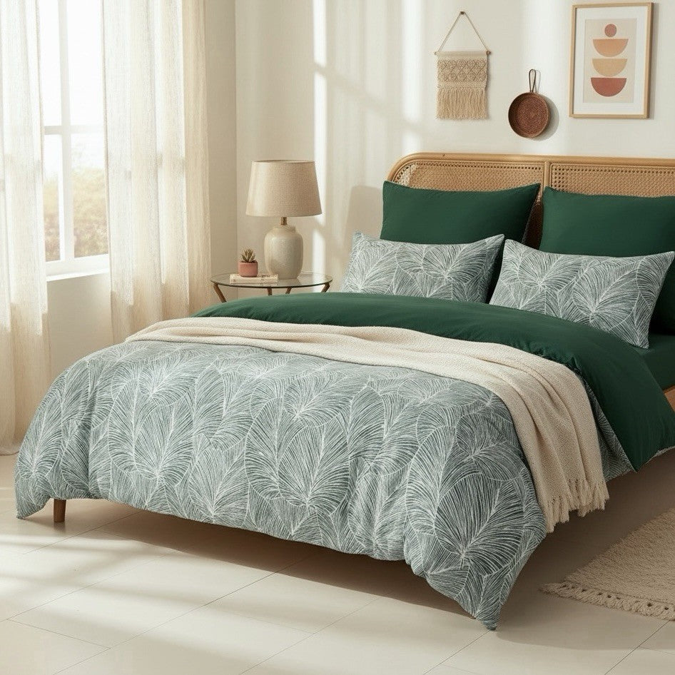 NEW Anthropologie Green Botanical Print Boho Queen King Bedding Duvet & Sham Set