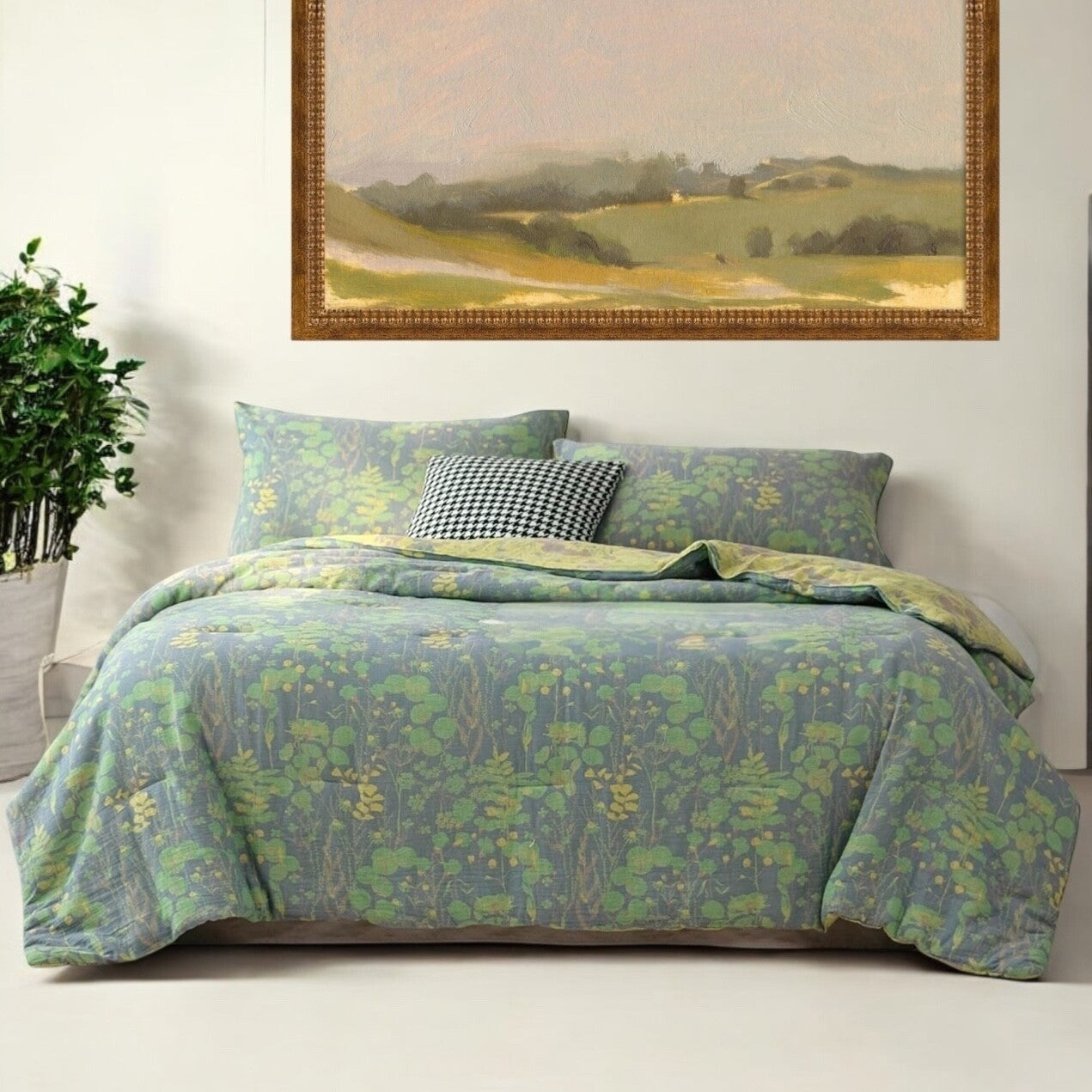NEW Anthro Blue Green Floral Reversible King Size Bedspread Blanket Sham Set