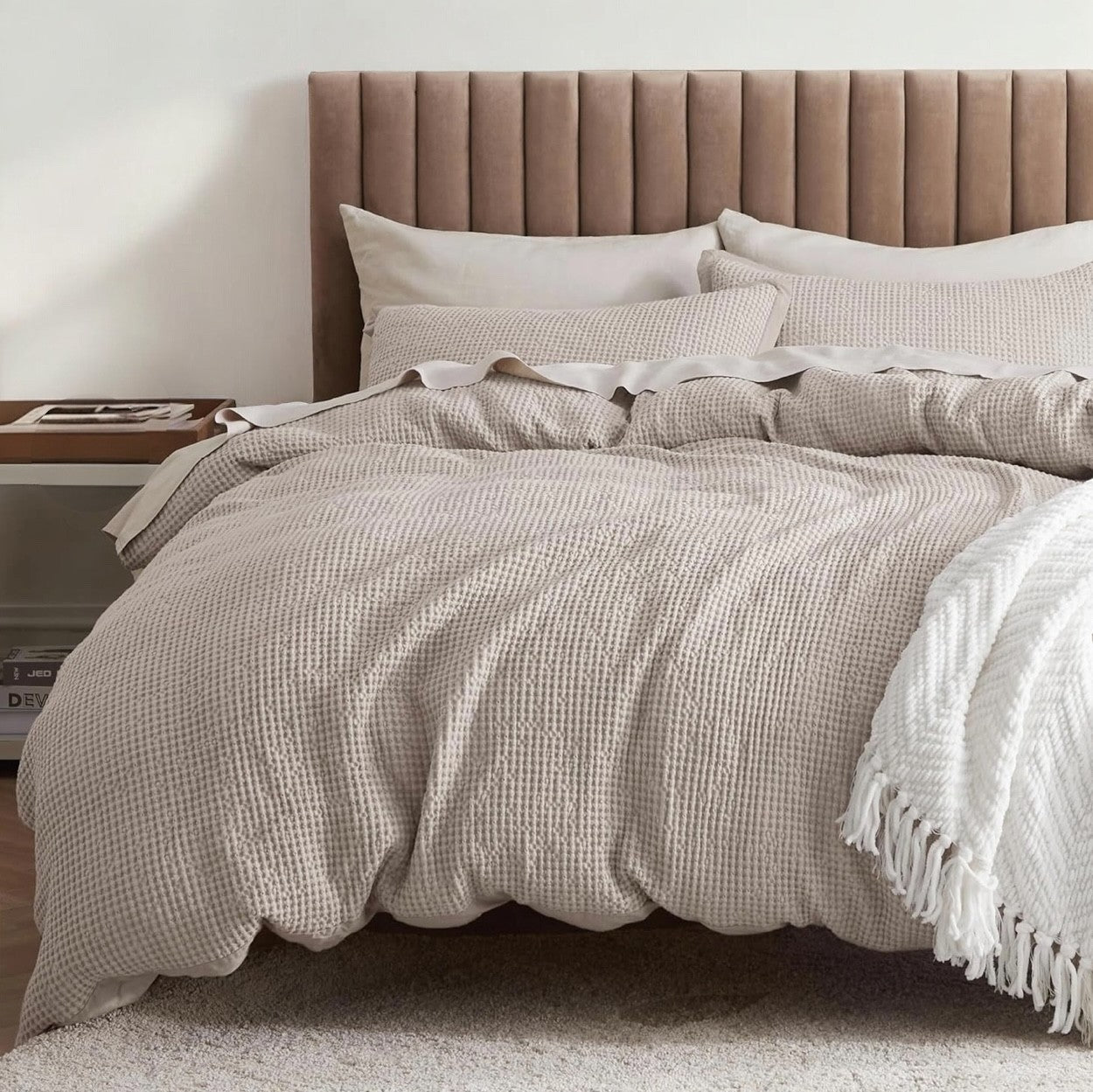 NEW West Elm Beige Waffle Weave Queen King 100% Cotton Bedding Duvet & Sham Set