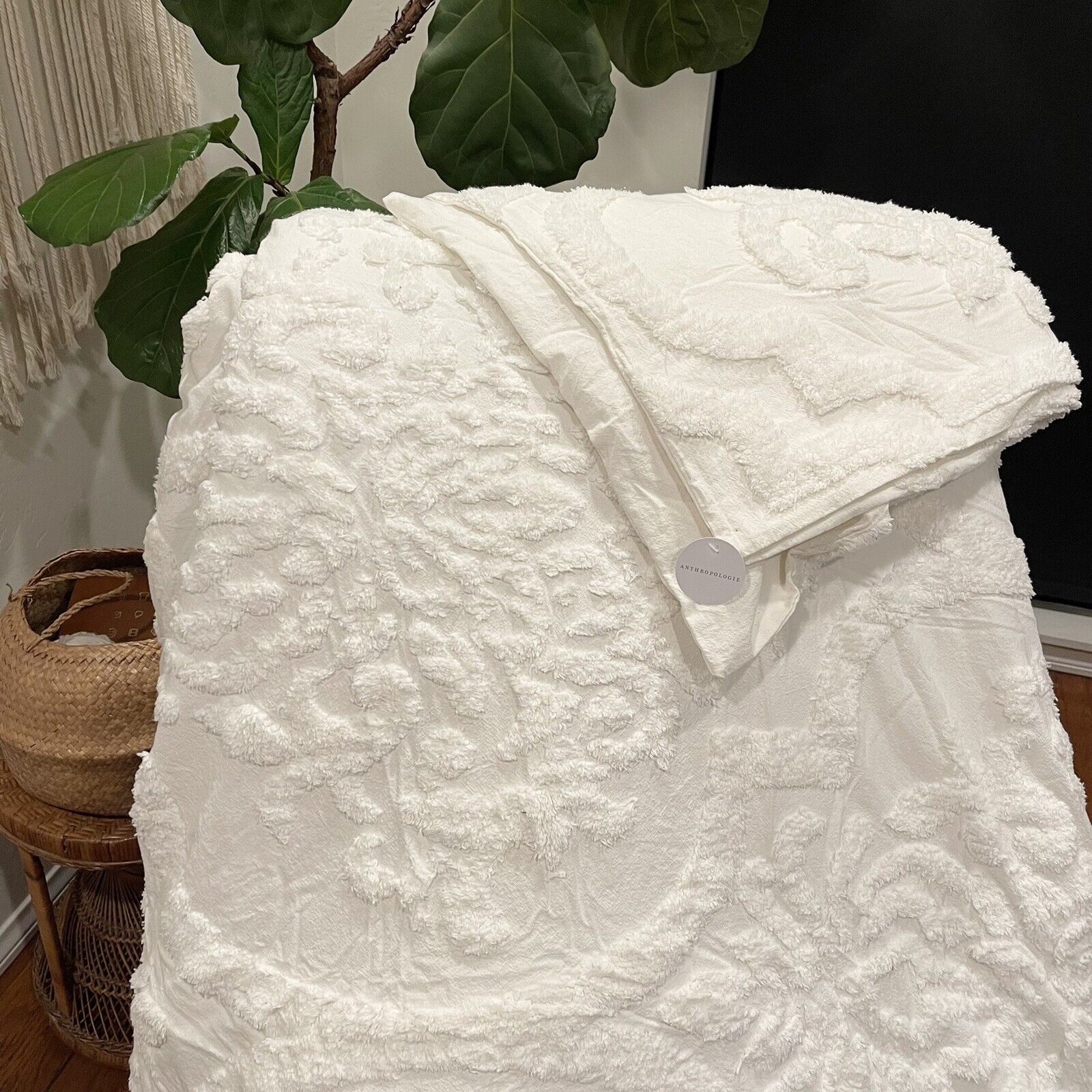 NEW Anthropologie White King Chenille Comforter Bedspread Blanket & Sham Set