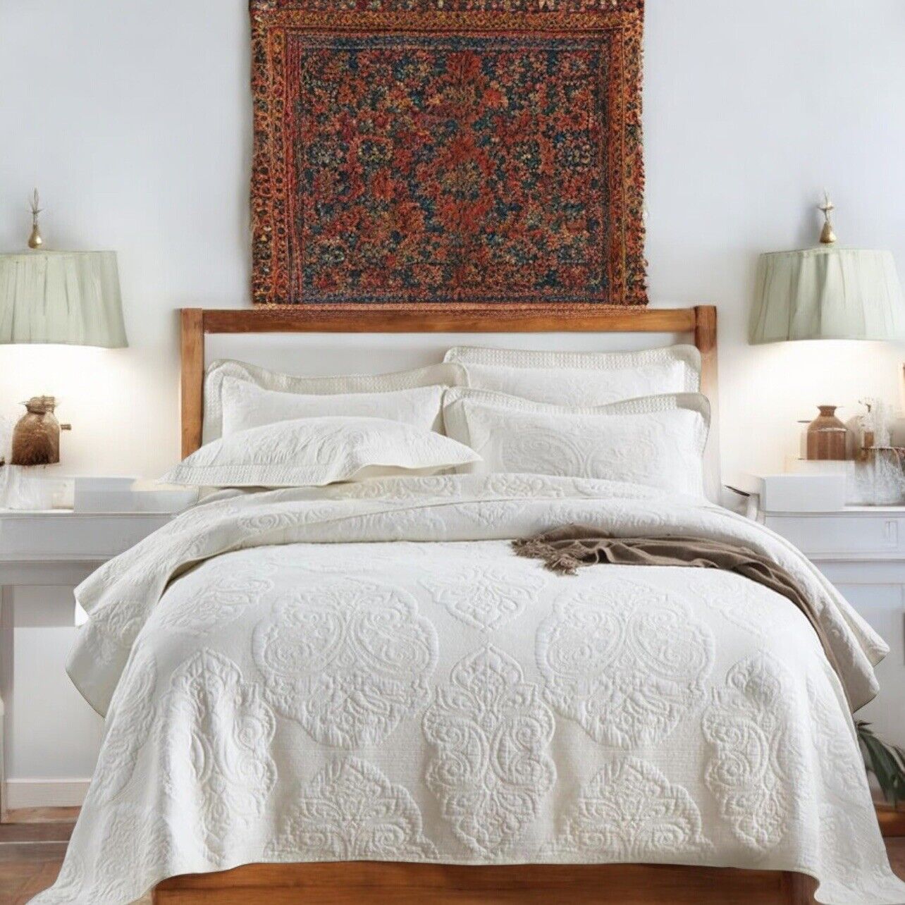 NEW Anthropologie White Queen Boho Damask Quilt Bedspread Blanket & Sham Set
