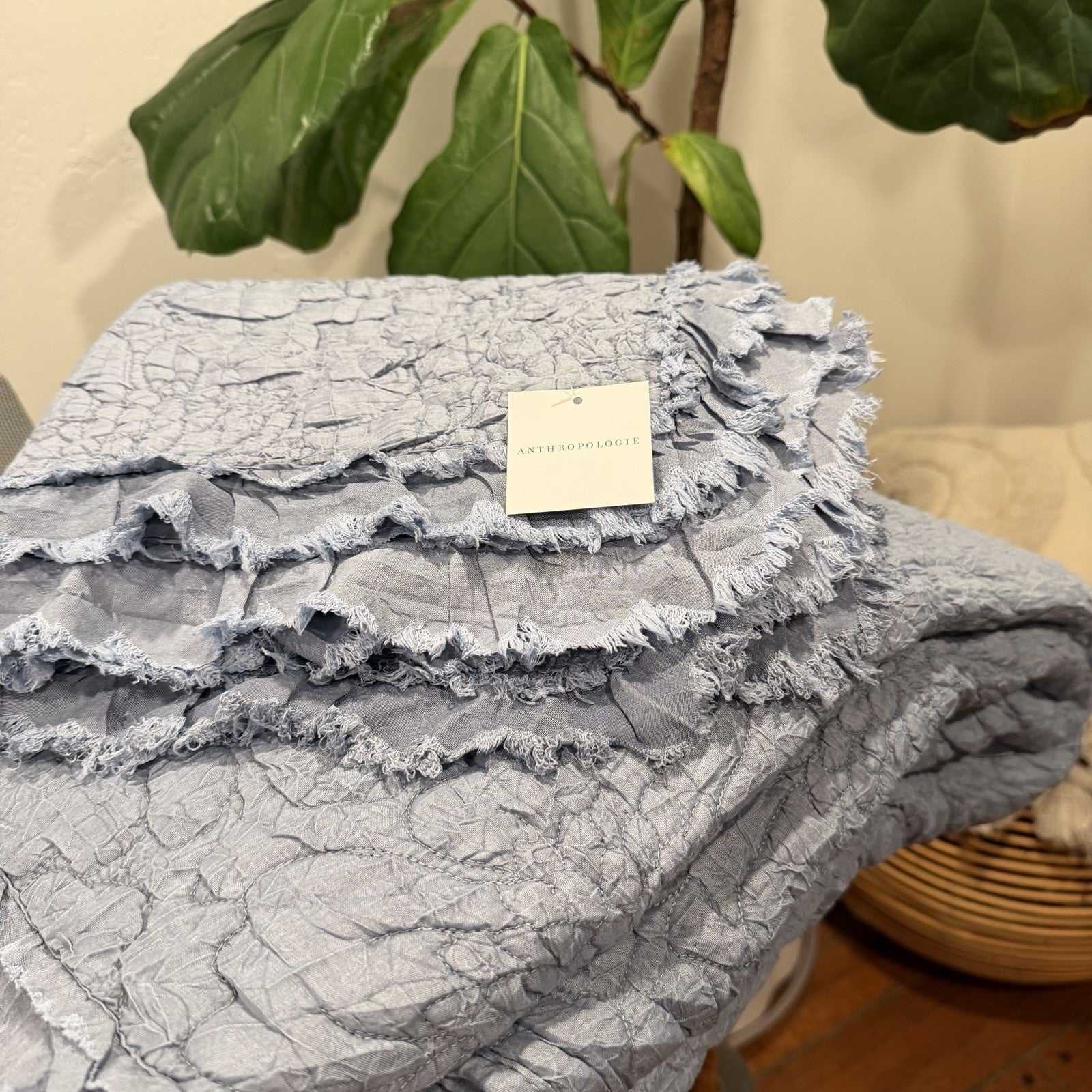 NEW Anthro Dusty Blue Boho Ruffle Crinkle Queen / King Bedding Quilt & Sham Set