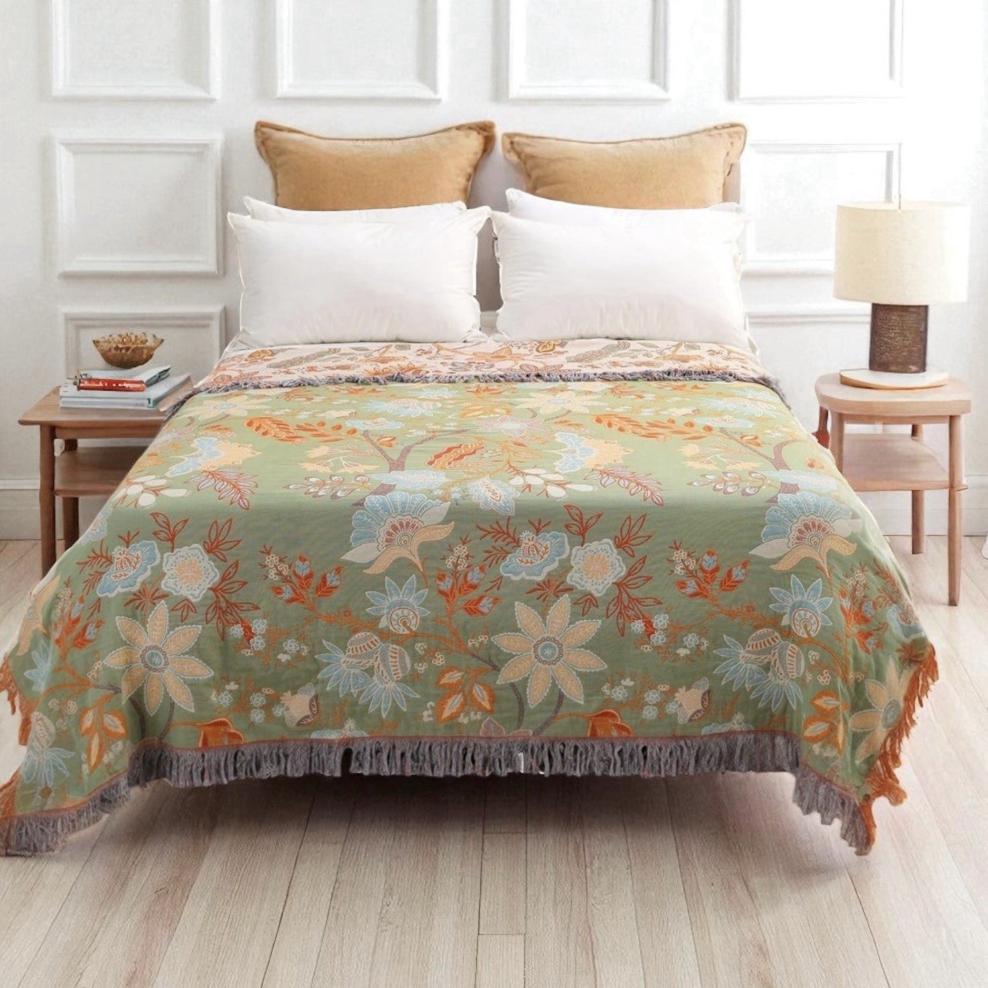 NEW XL Coral & Green Reversible Boho Fringe Blanket Bedspread Quilt - 80" x 90"