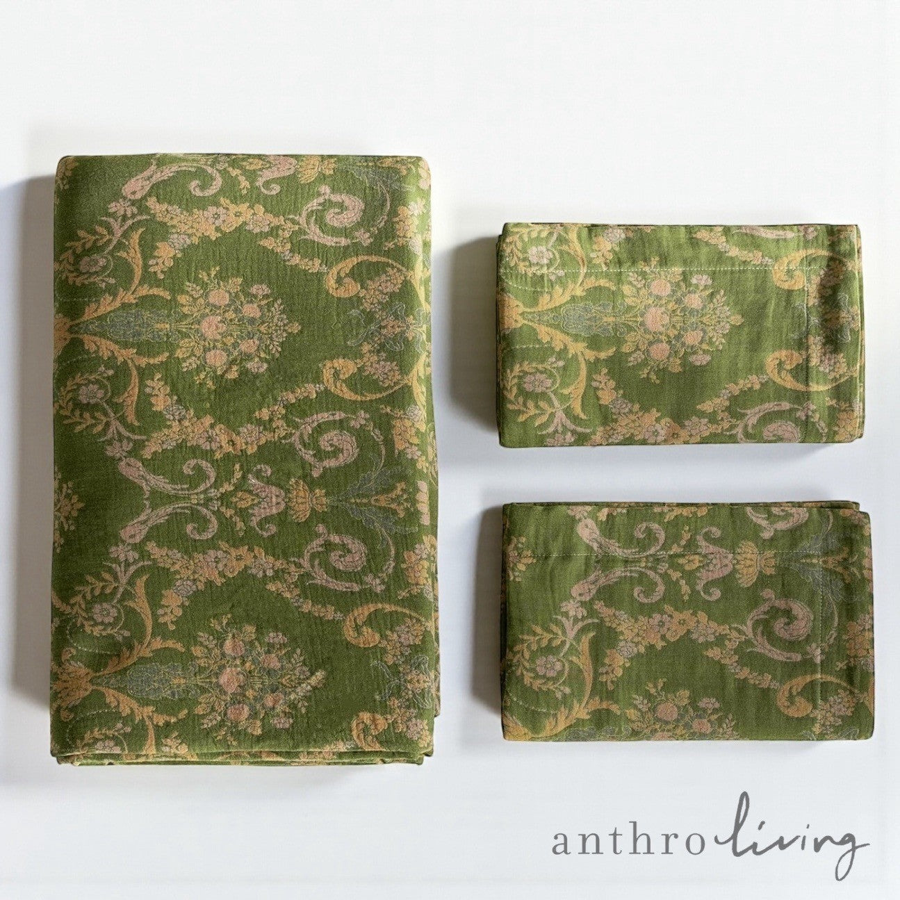 NEW Anthropologie Green Linen Reversible Queen / King Bedding Duvet & Sham Set