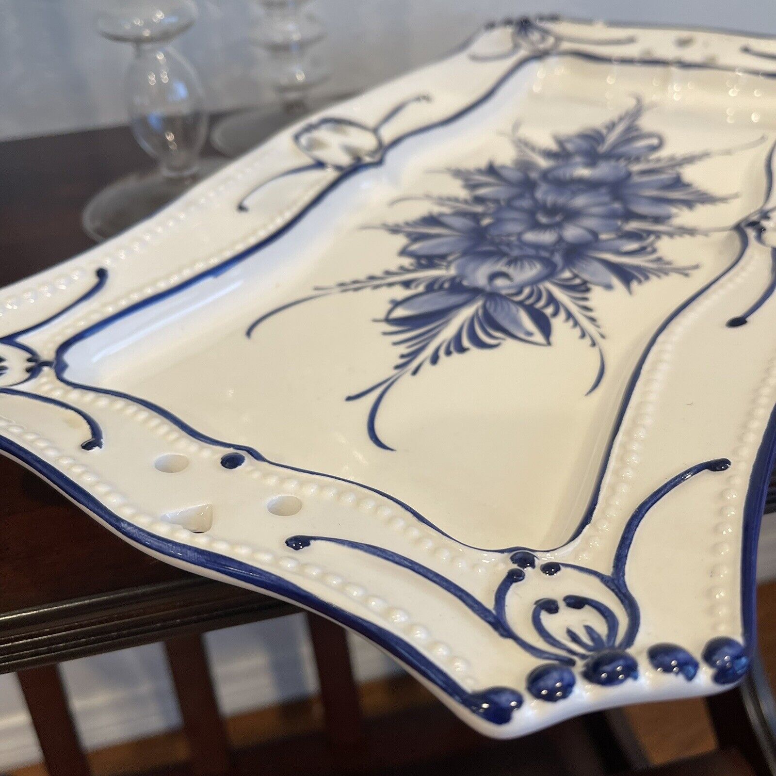 Vintage RCCL Blue & White Portuguese Floral Painted Ceramic Serving Tray Dish