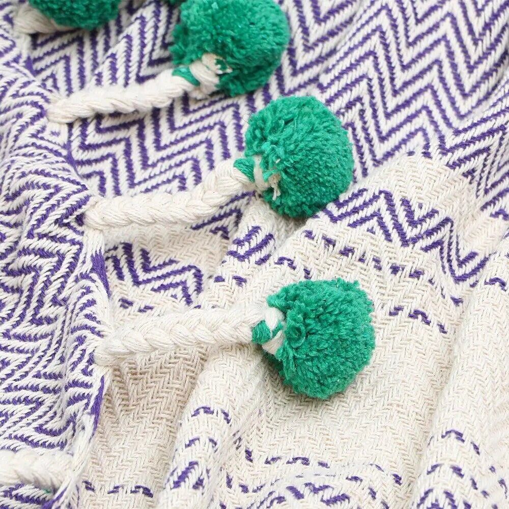 NEW Anthropologie Blue Green Pom Pom Boho Tassel Knit Throw Blanket - 50" x 60"