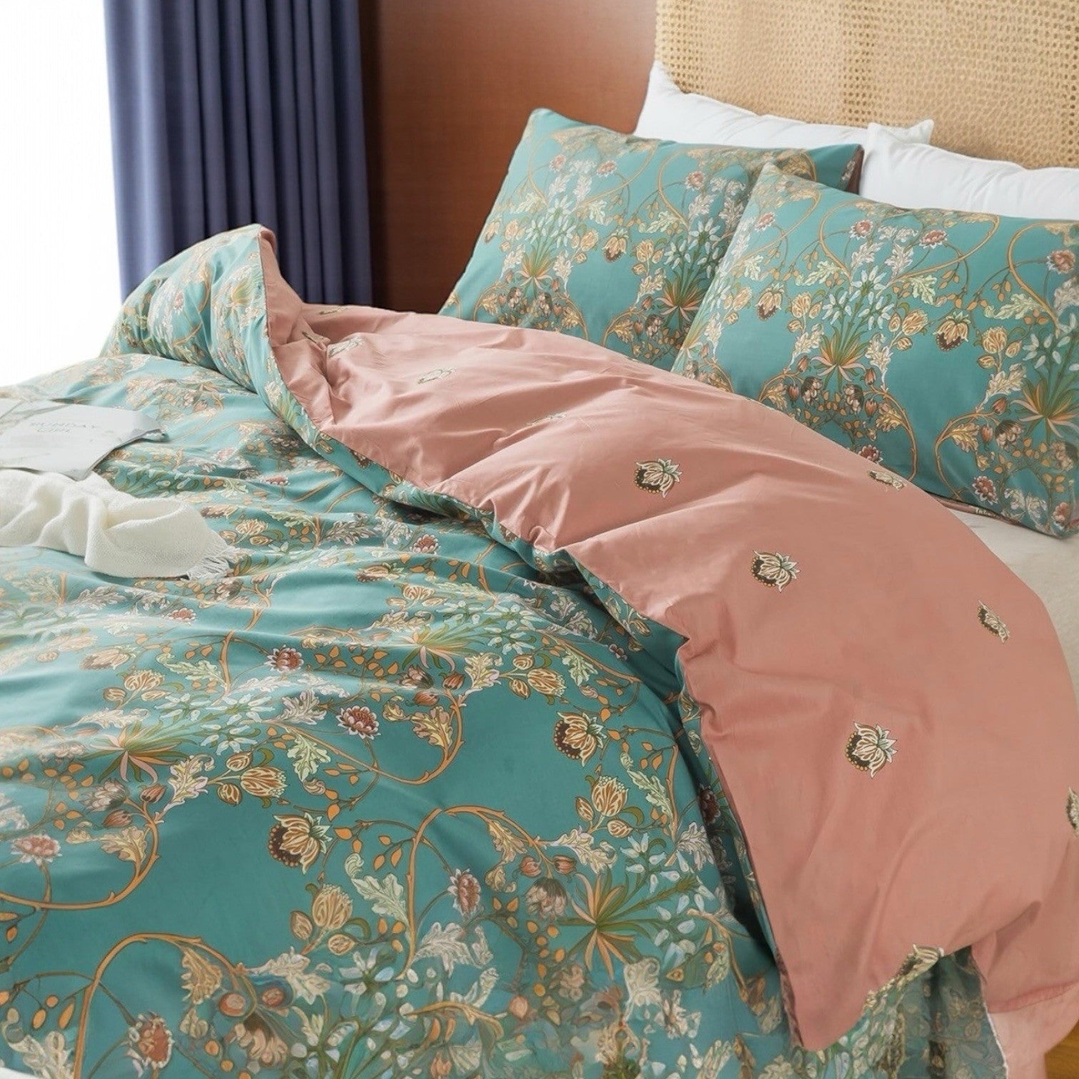 NEW Green Pink Reversible Floral King Size Boho Comforter Bedding Sham Case Set