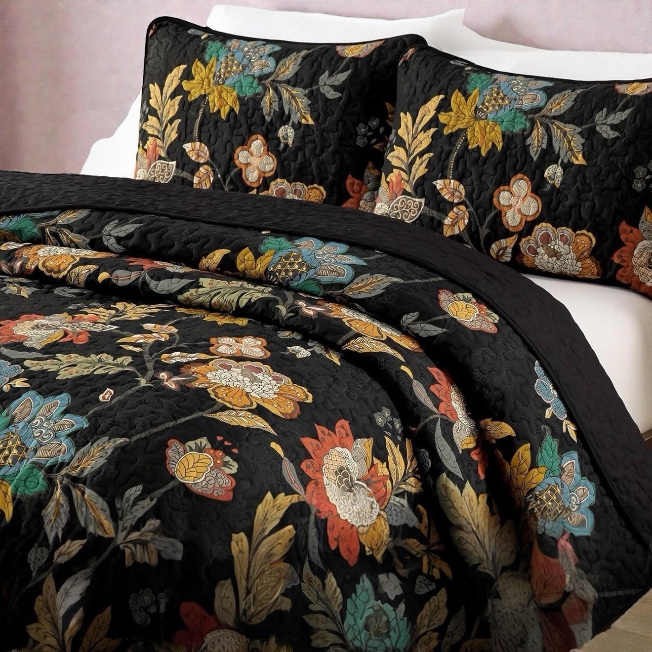 NEW Anthro Black Floral Print Multicolor Boho Queen King Bedding Quilt Sham Set