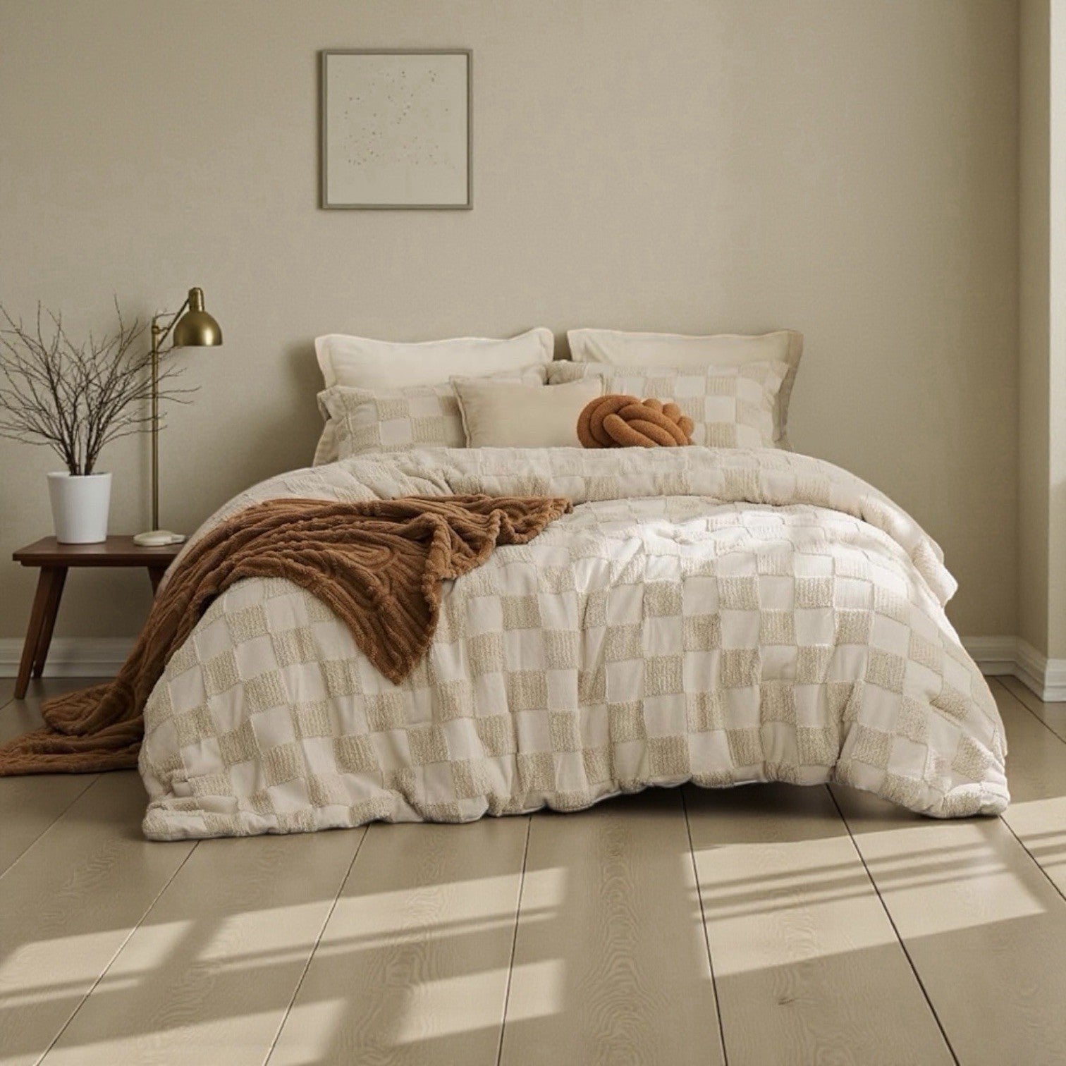 NEW West Elm Beige Checkered Tufted Queen / King Bedding Comforter & Sham Set