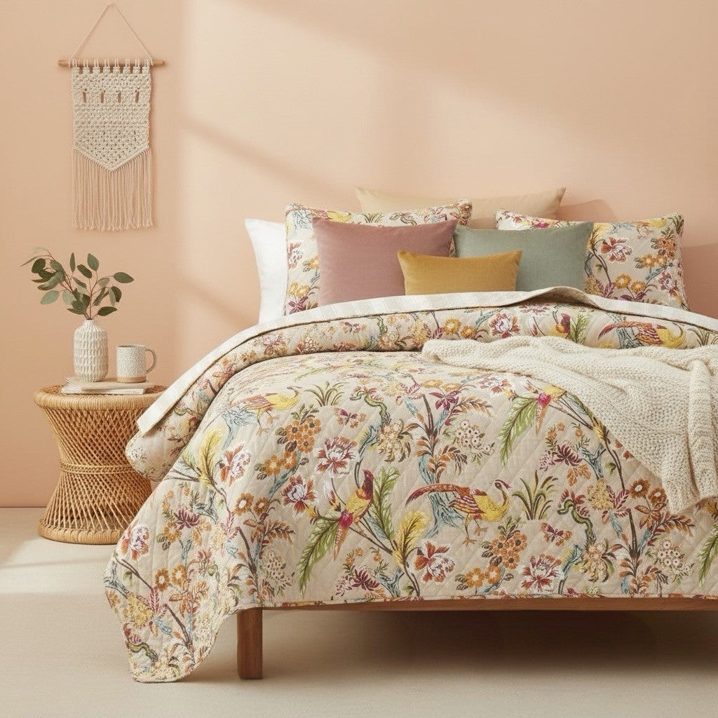 NEW Anthropologie Queen / King Cotton Boho Bird Quilt Bedspread Bedding Sham Set