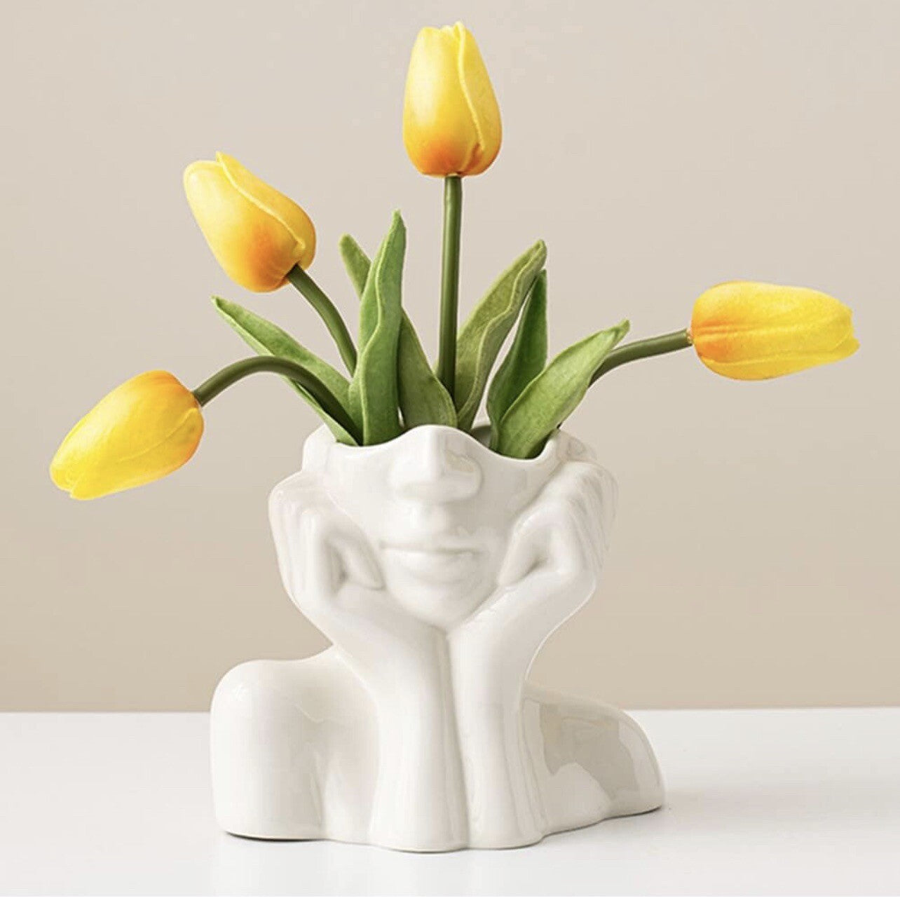 NEW Anthro Boho White Ceramic Female Face Abstract Flower Vase - Medium