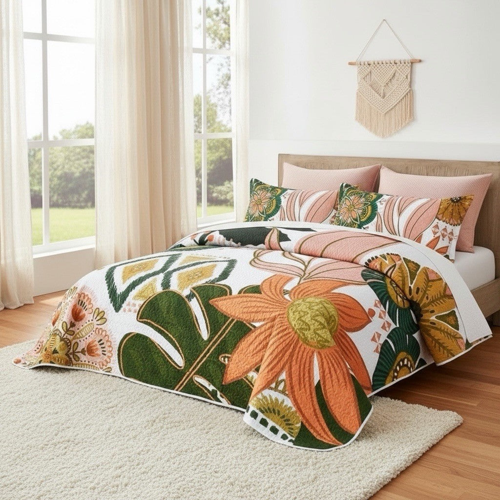 NEW Anthropologie King Floral Boho Reversible Quilt Bedspread Blanket Sham Set