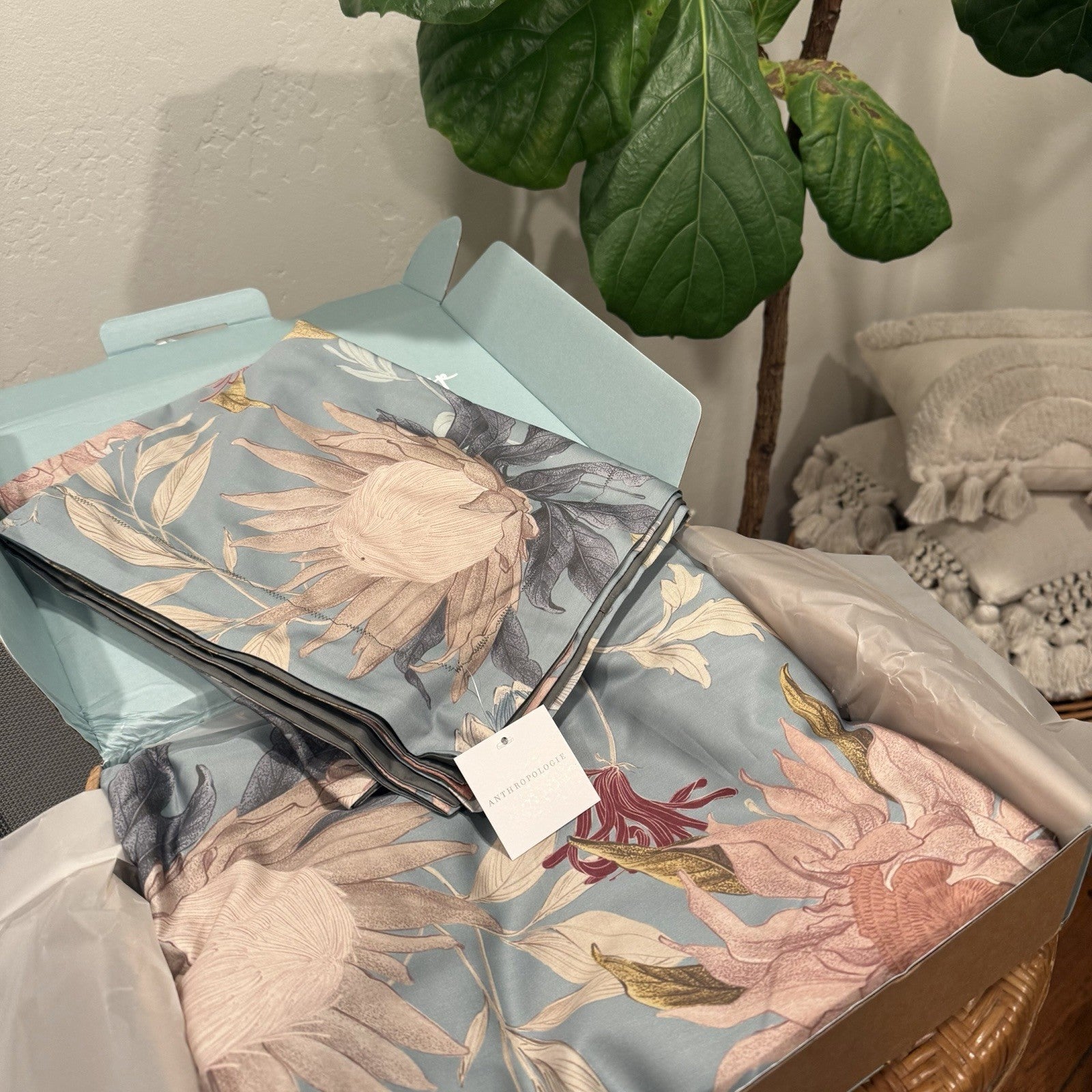 NEW Anthro Blue Floral Multicolor Full Queen King Cotton Bedding Duvet Sham Set