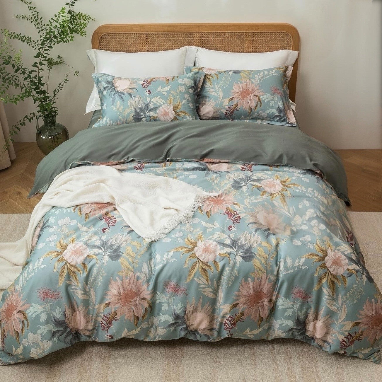 NEW Anthro Blue Floral Multicolor Full Queen King Cotton Bedding Duvet Sham Set