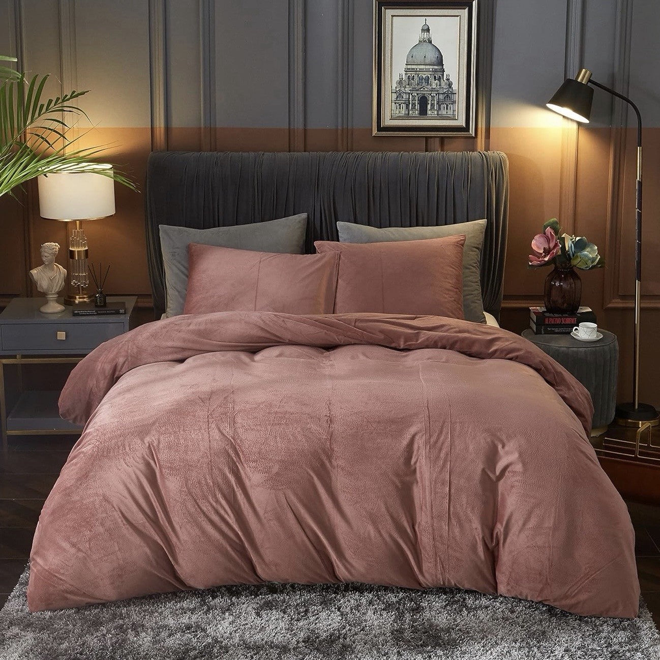 NEW West Elm Blush Pink Lux Velvet Flannel Queen / King Bedding Duvet & Sham Set