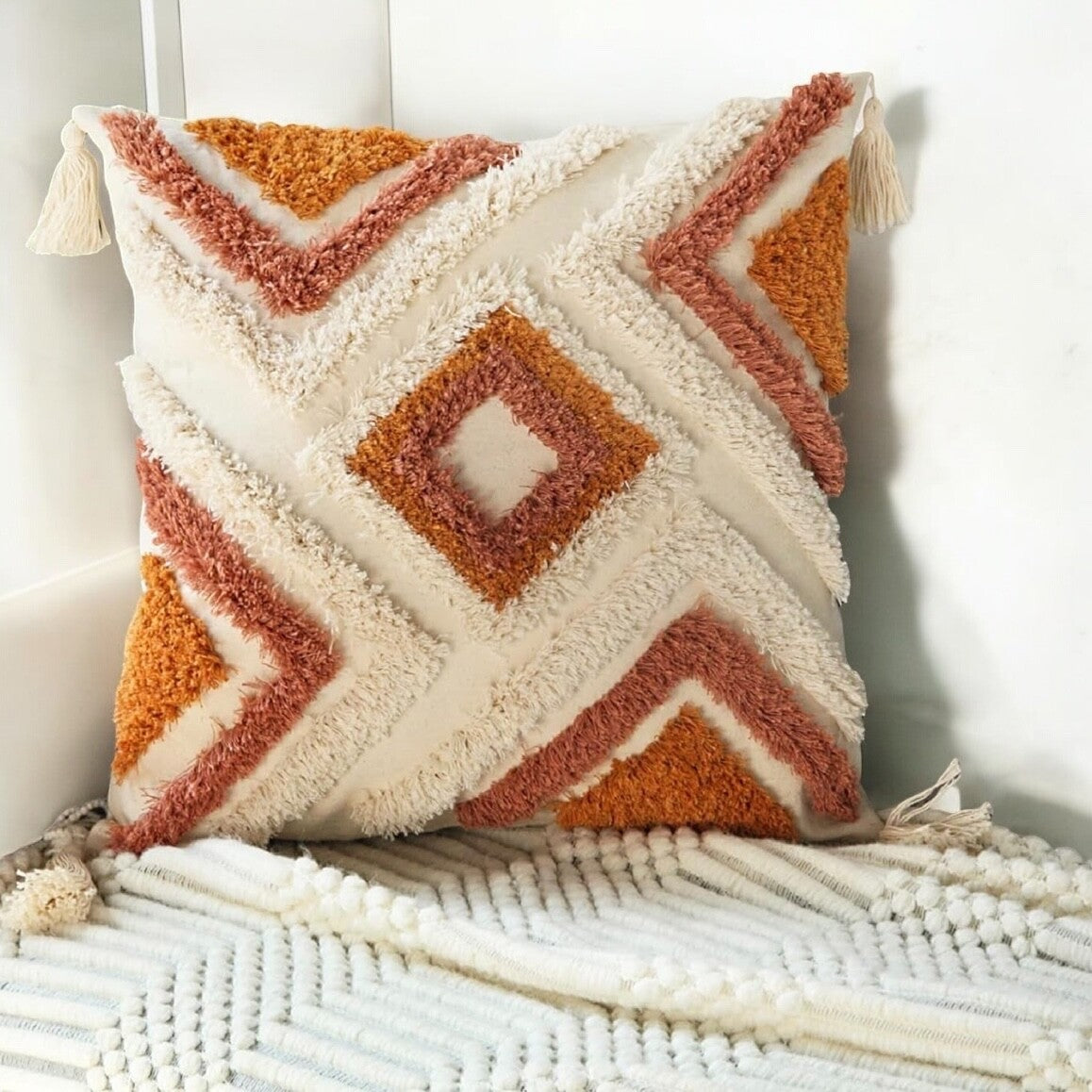 NEW Anthro Orange Diamond Boho Tassel Throw Pillow Case Cover Sham - 18" x 18"