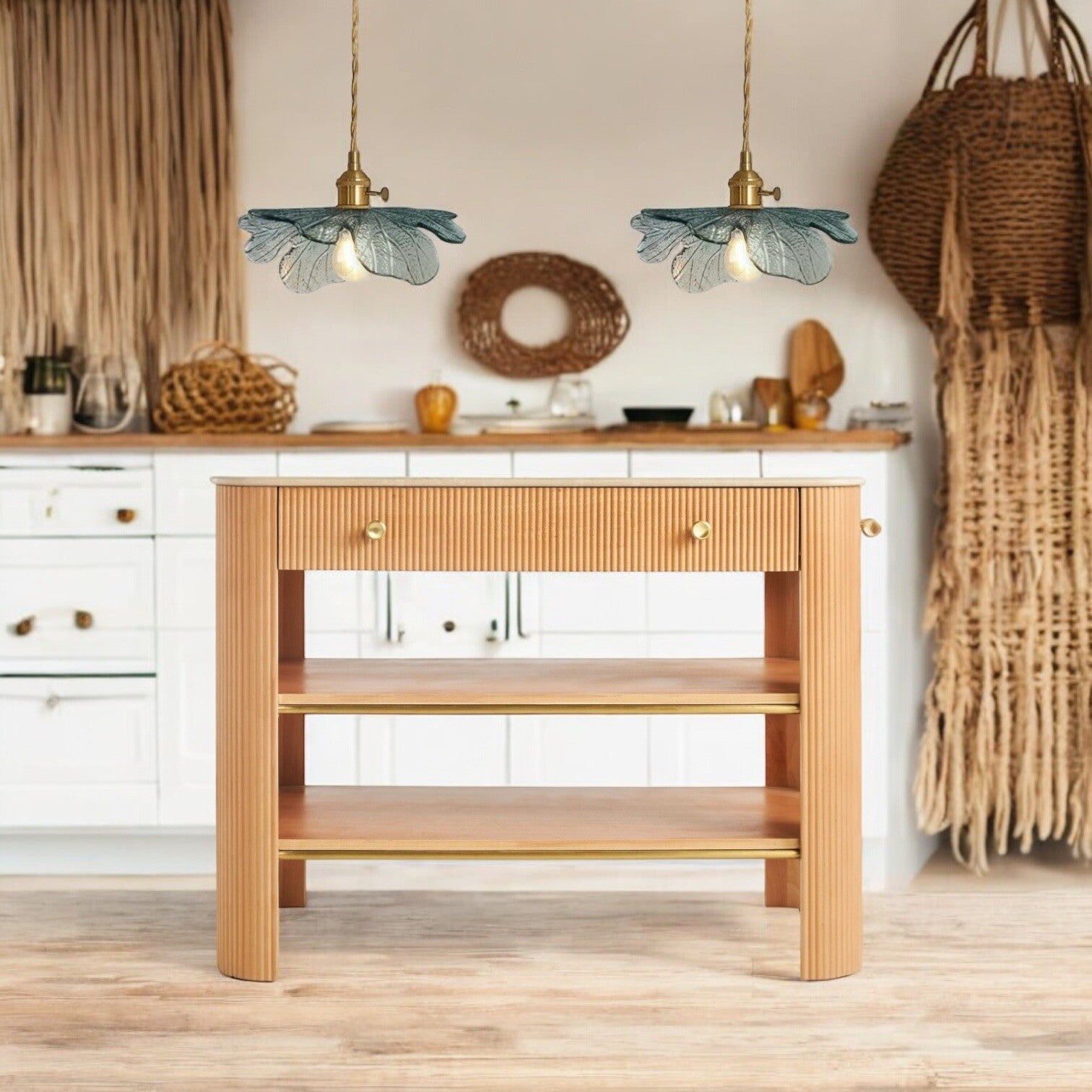 NEW Anthro Vintage Blue Glass Hanging Retro Gold Floral Pendant Light Fixture