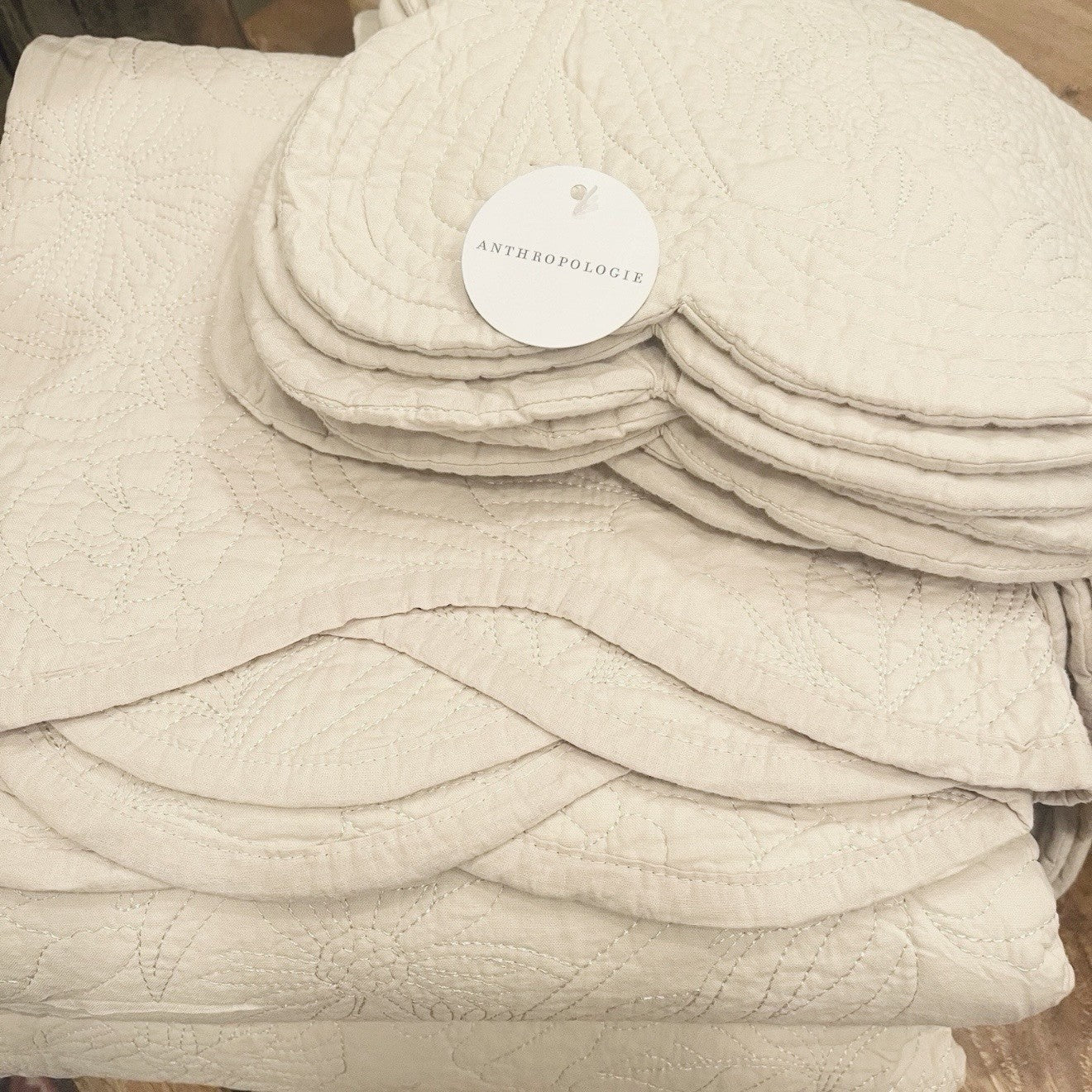 NEW Anthropologie White Cream King Reversible Quilt Bedspread Blanket Sham Set